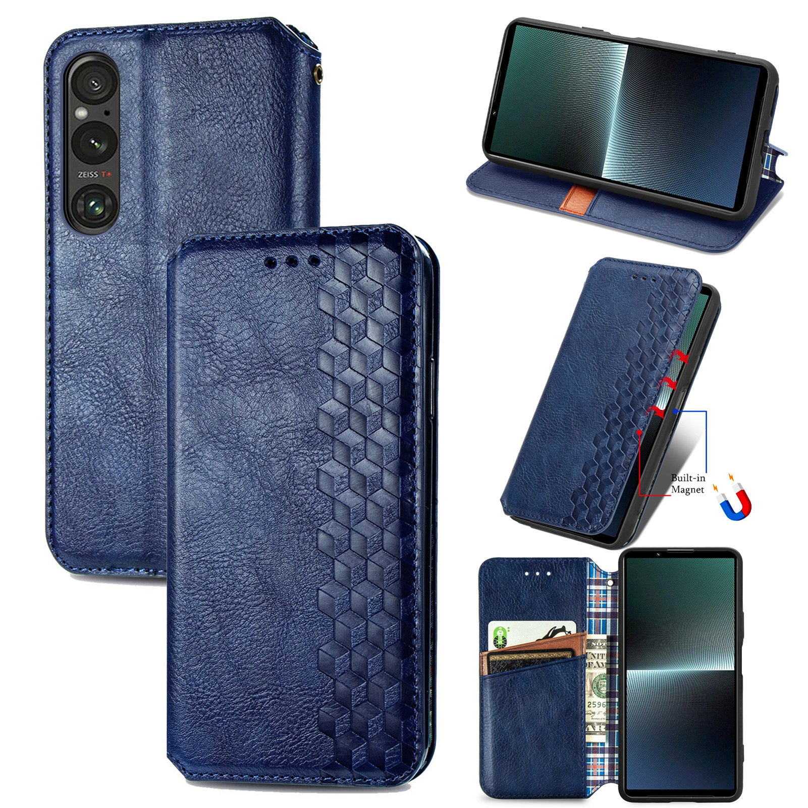 For Sony Xperia 1 V Case PU Leather Wallet Phone Cover with Rhombus Pattern