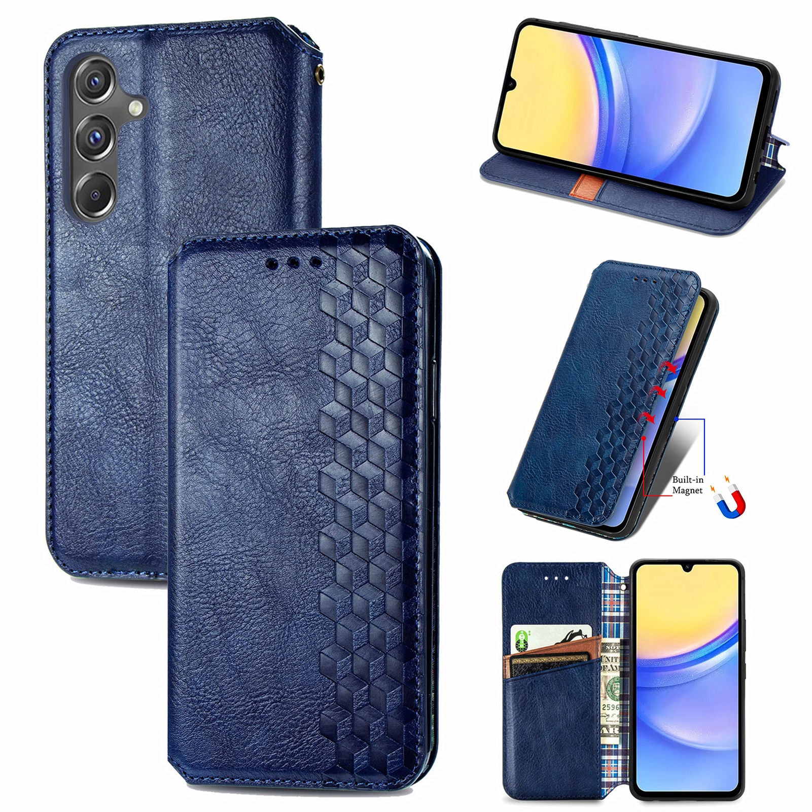 For Samsung Galaxy A15 4G / A15 5G Shockproof Case Rhombus Imprinted Wallet Stand Phone Cover