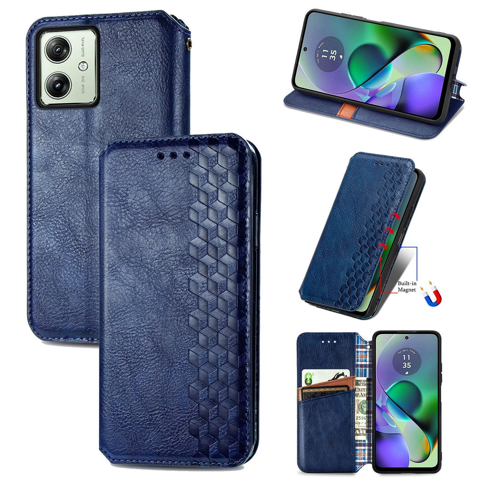 For Motorola Moto G54 5G Cover Imprinted Rhombus Leather Phone Wallet Case