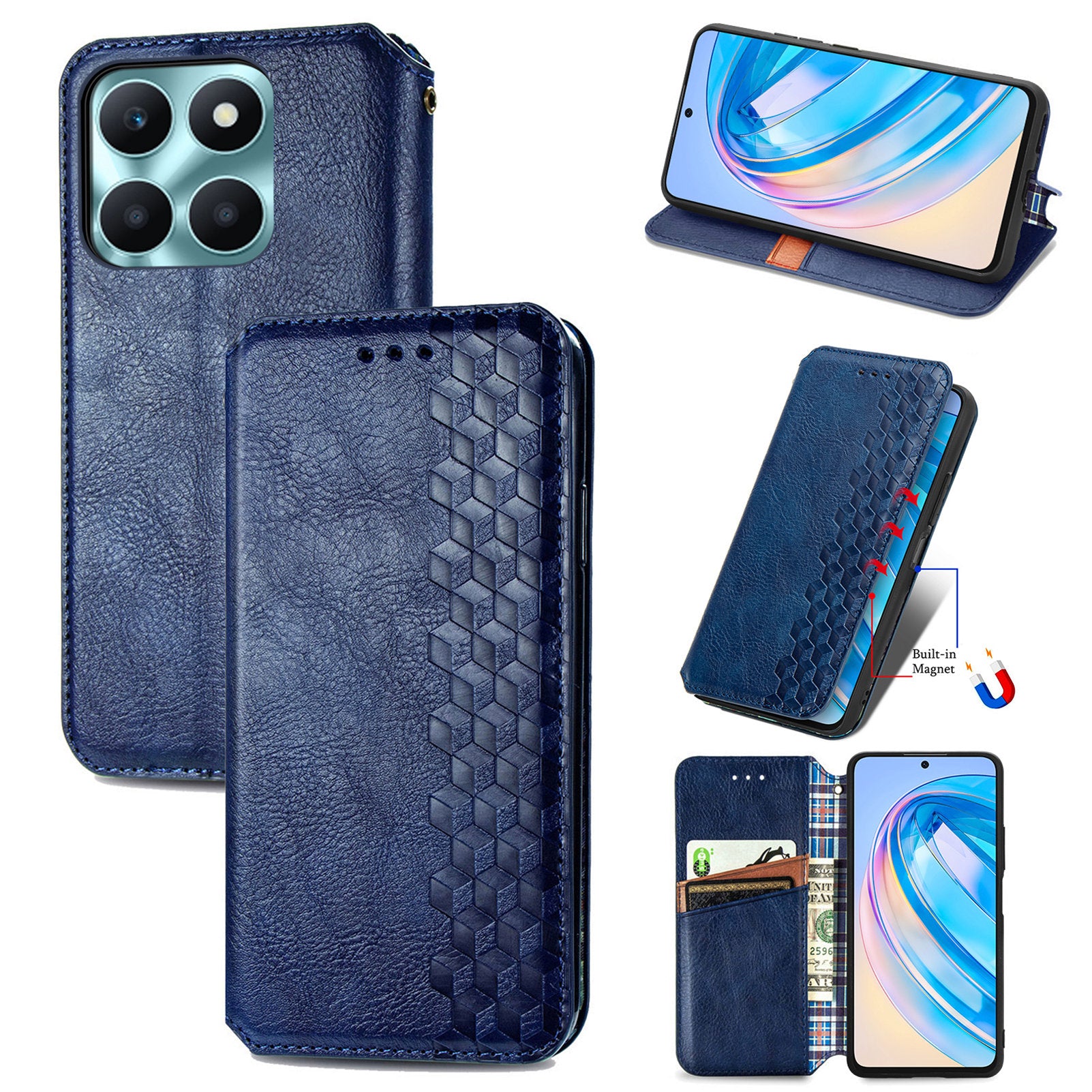 For Honor X6a 4G Phone Cover Rhombus Imprinted PU Leather Wallet Support Stand Case