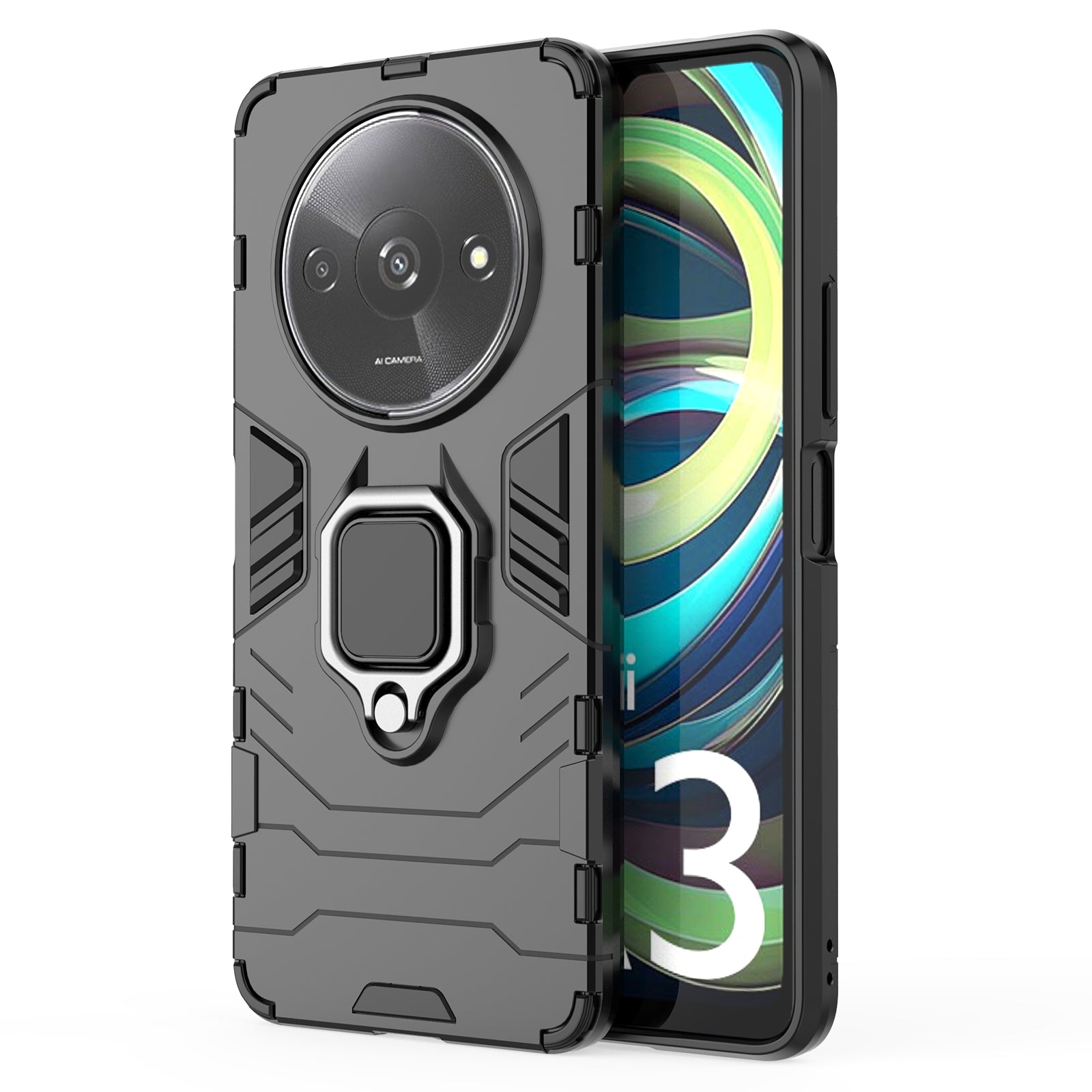 For Xiaomi Redmi A3 / Poco C61 4G Case Dual-Layer PC+TPU Armor Phone Cover Ring Holder Kickstand