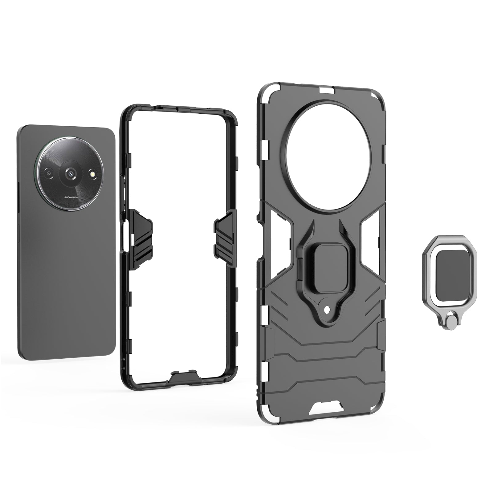 For Xiaomi Redmi A3 / Poco C61 4G Case Dual-Layer PC+TPU Armor Phone Cover Ring Holder Kickstand