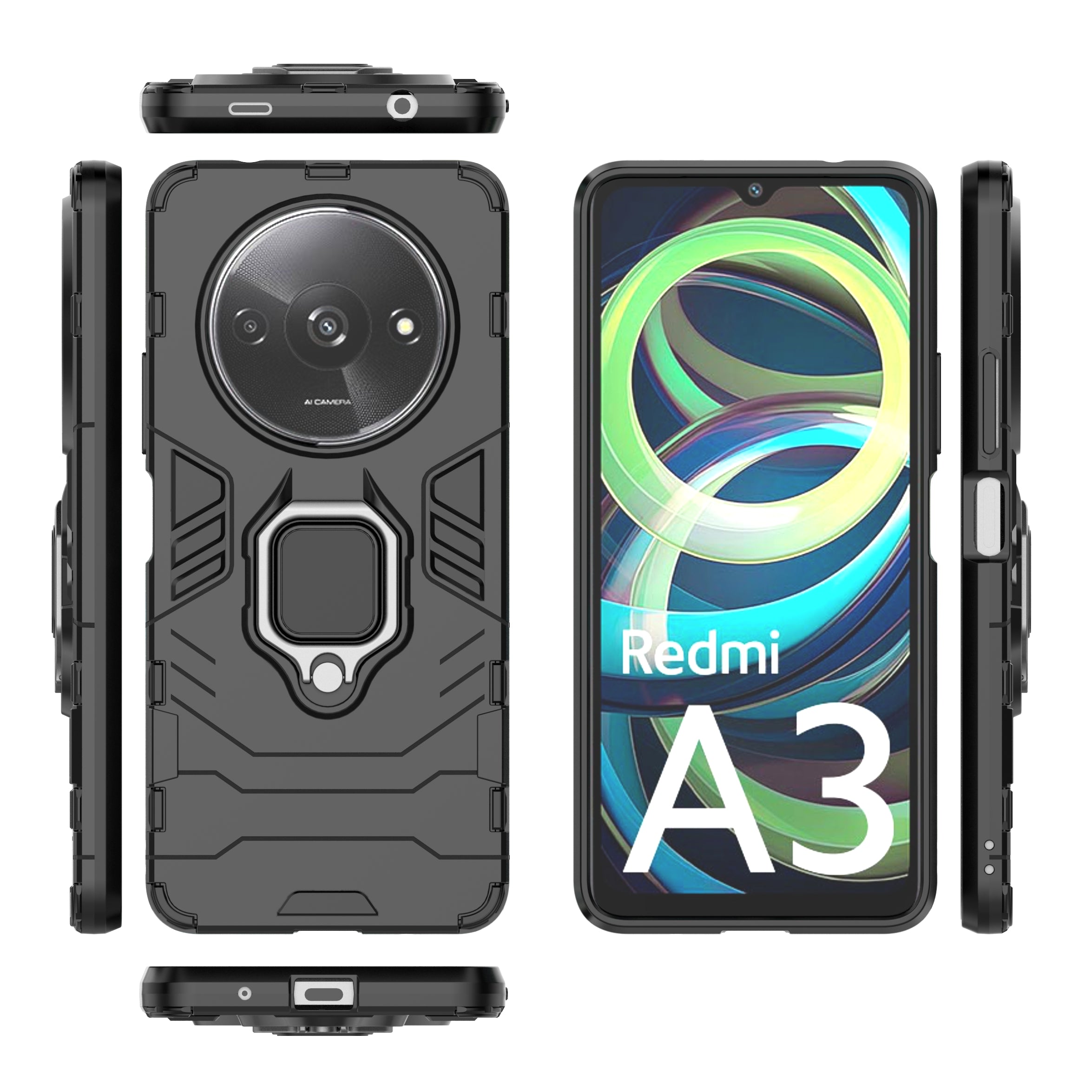 For Xiaomi Redmi A3 / Poco C61 4G Case Dual-Layer PC+TPU Armor Phone Cover Ring Holder Kickstand