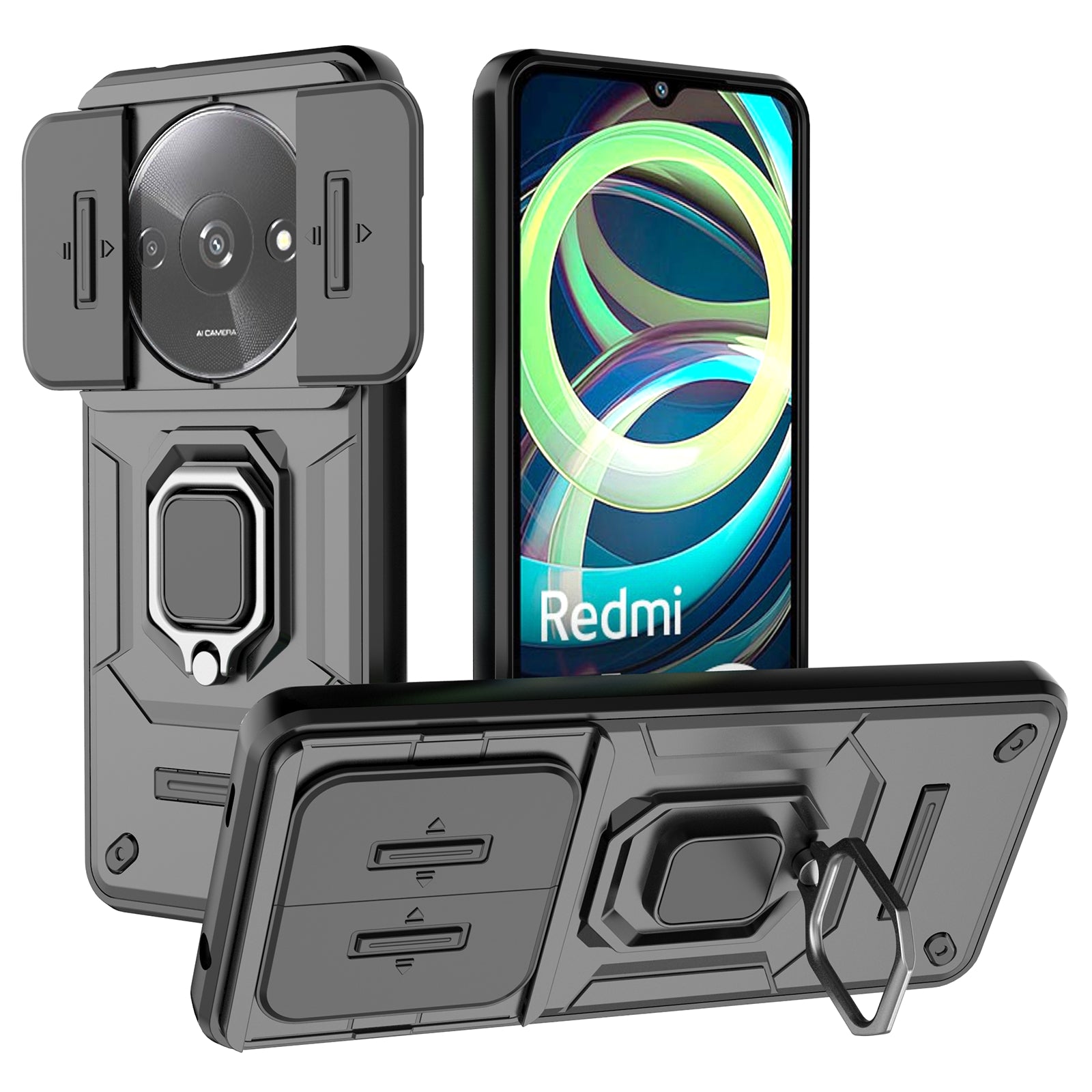 For Xiaomi Redmi A3 / Poco C61 4G Case with Slide Camera Cover Ring Kickstand PC+TPU Phone Shell Protector