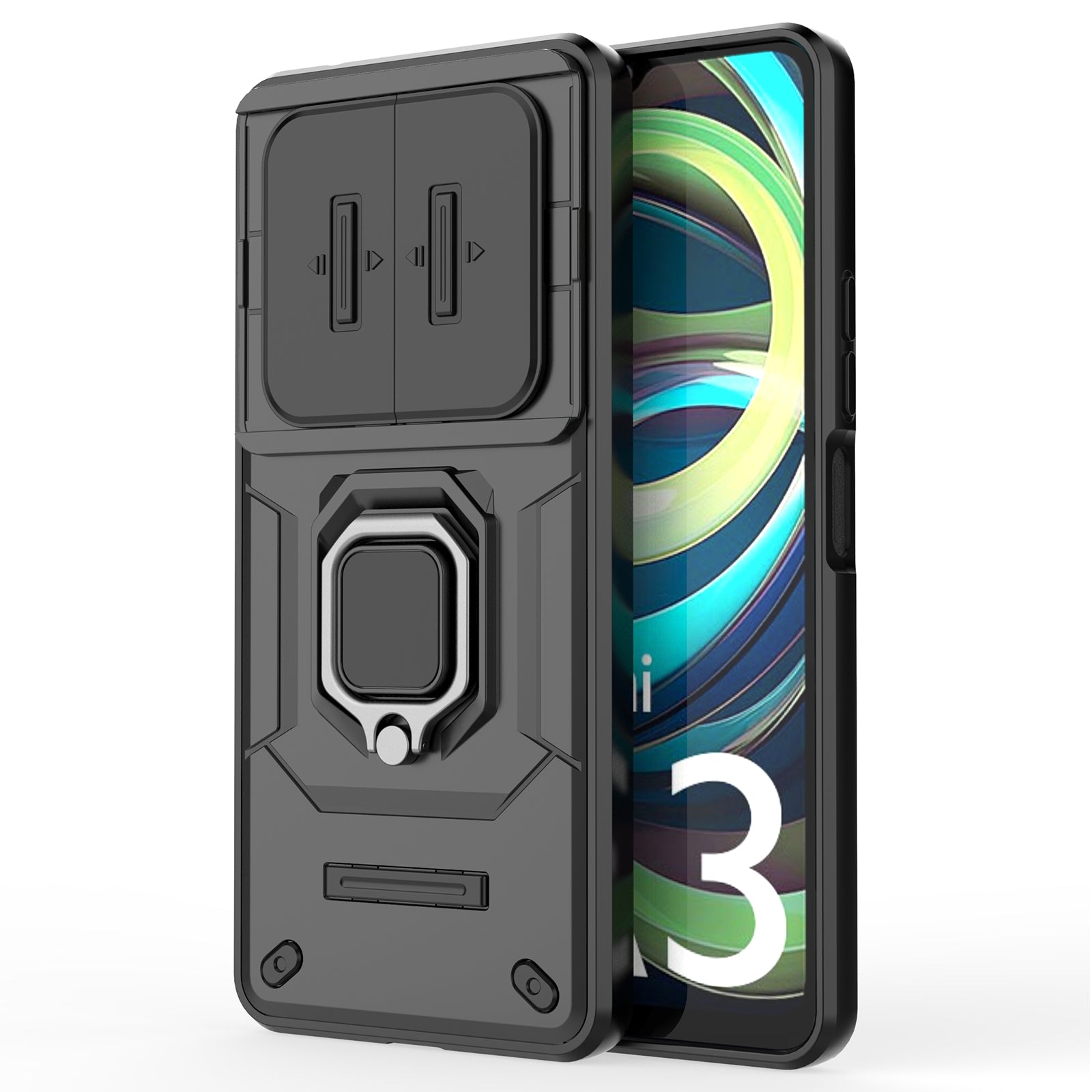 For Xiaomi Redmi A3 / Poco C61 4G Case with Slide Camera Cover Ring Kickstand PC+TPU Phone Shell Protector