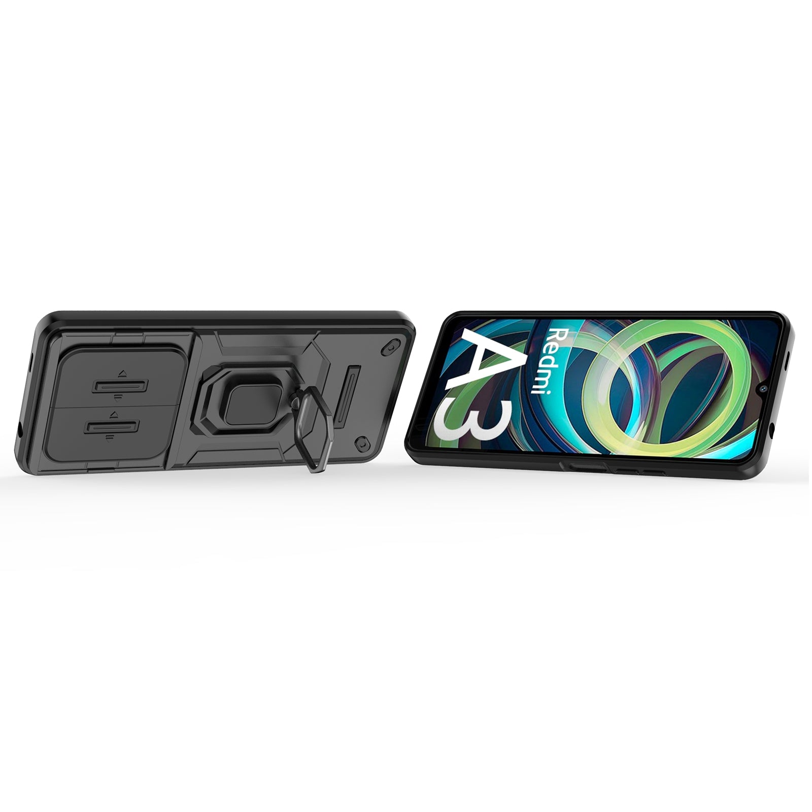 For Xiaomi Redmi A3 / Poco C61 4G Case with Slide Camera Cover Ring Kickstand PC+TPU Phone Shell Protector