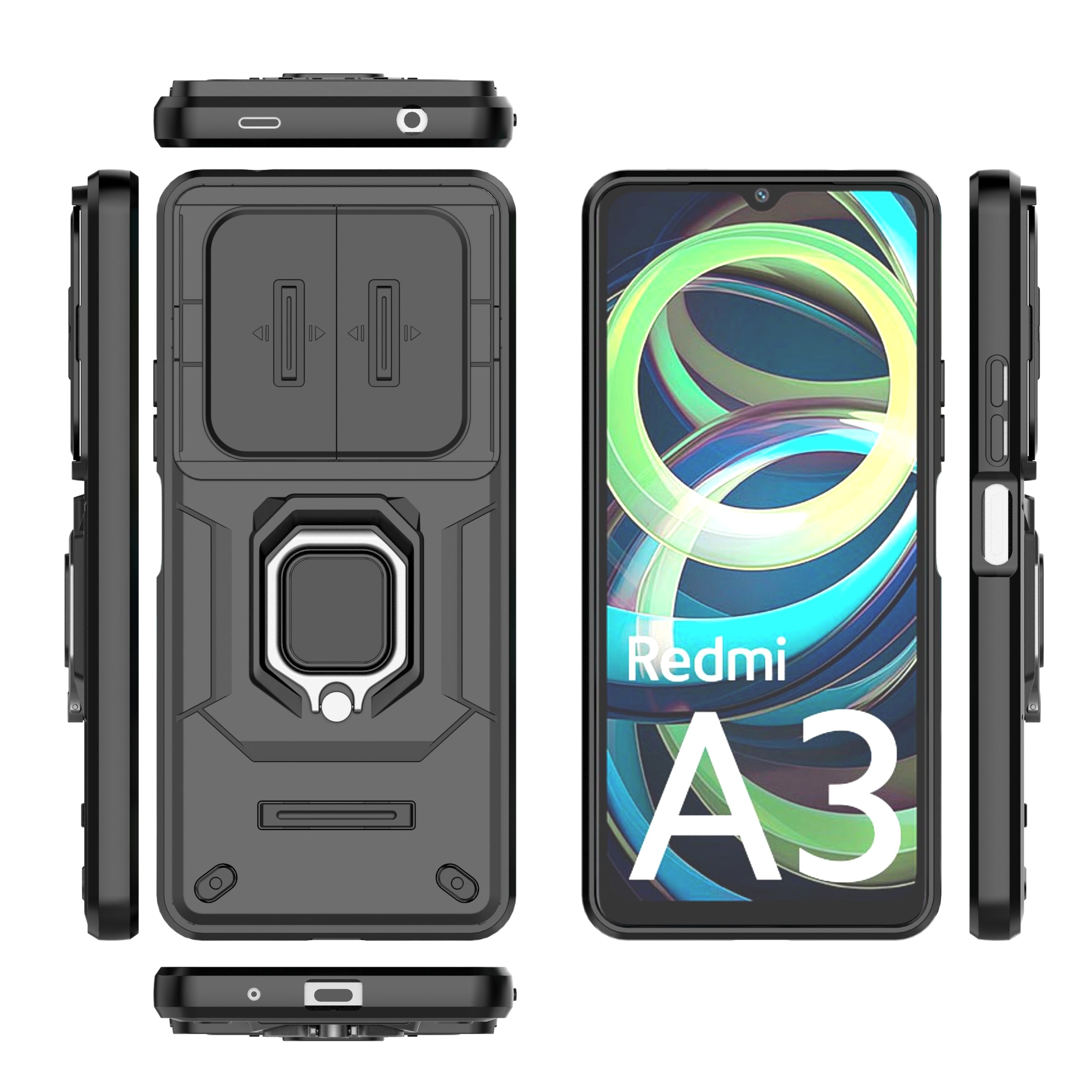 For Xiaomi Redmi A3 / Poco C61 4G Case with Slide Camera Cover Ring Kickstand PC+TPU Phone Shell Protector