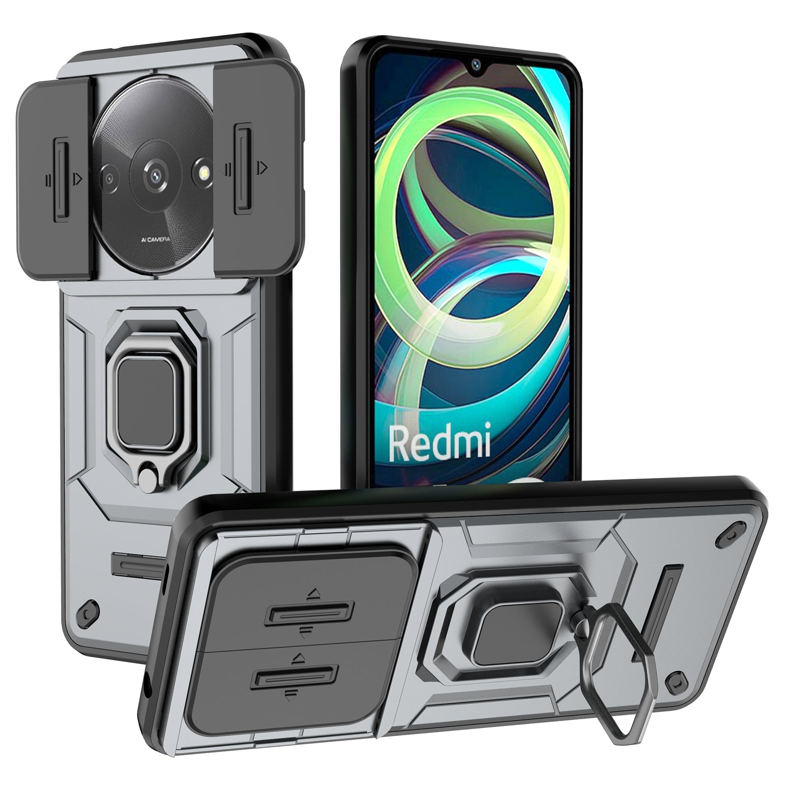 For Xiaomi Redmi A3 / Poco C61 4G Case with Slide Camera Cover Ring Kickstand PC+TPU Phone Shell Protector