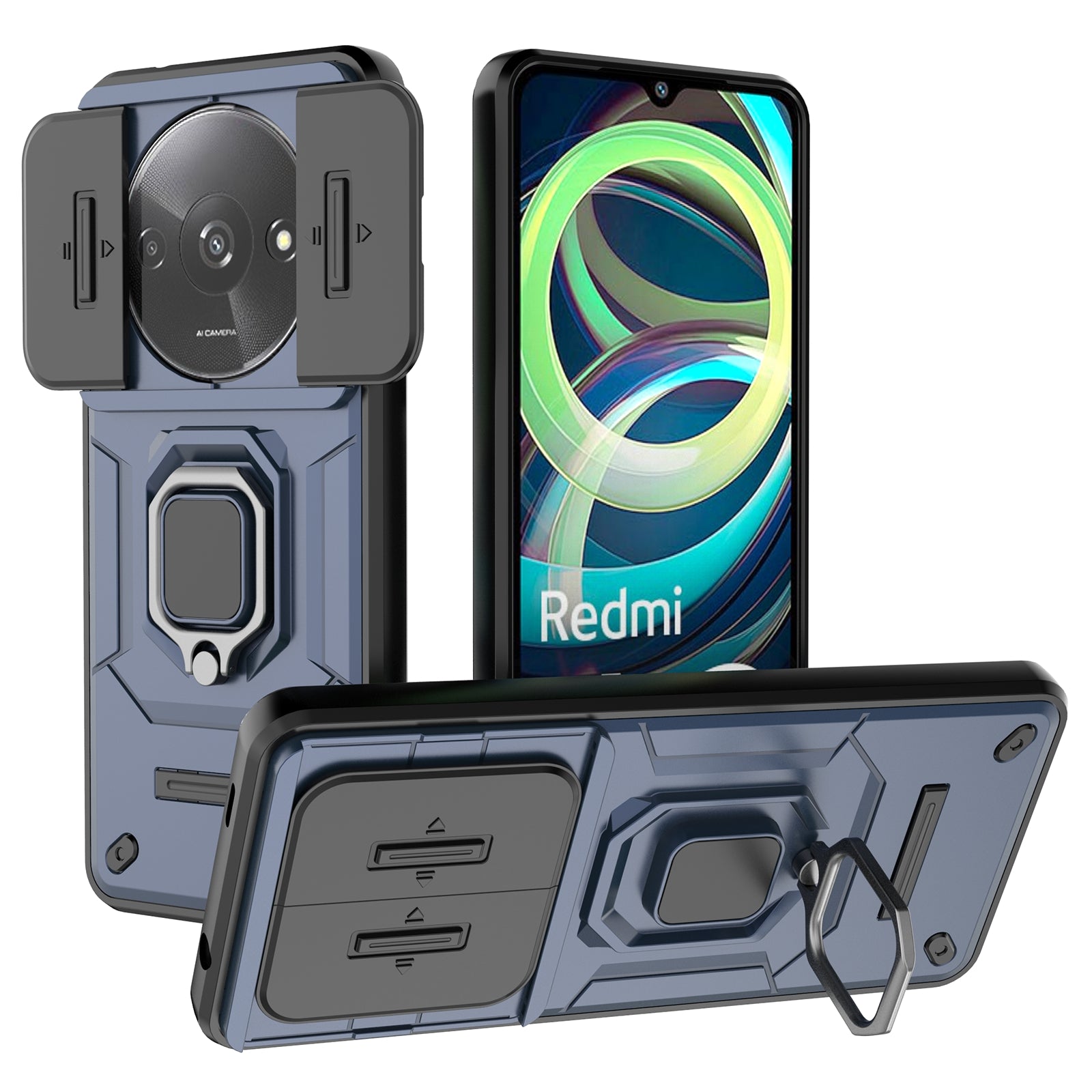For Xiaomi Redmi A3 / Poco C61 4G Case with Slide Camera Cover Ring Kickstand PC+TPU Phone Shell Protector