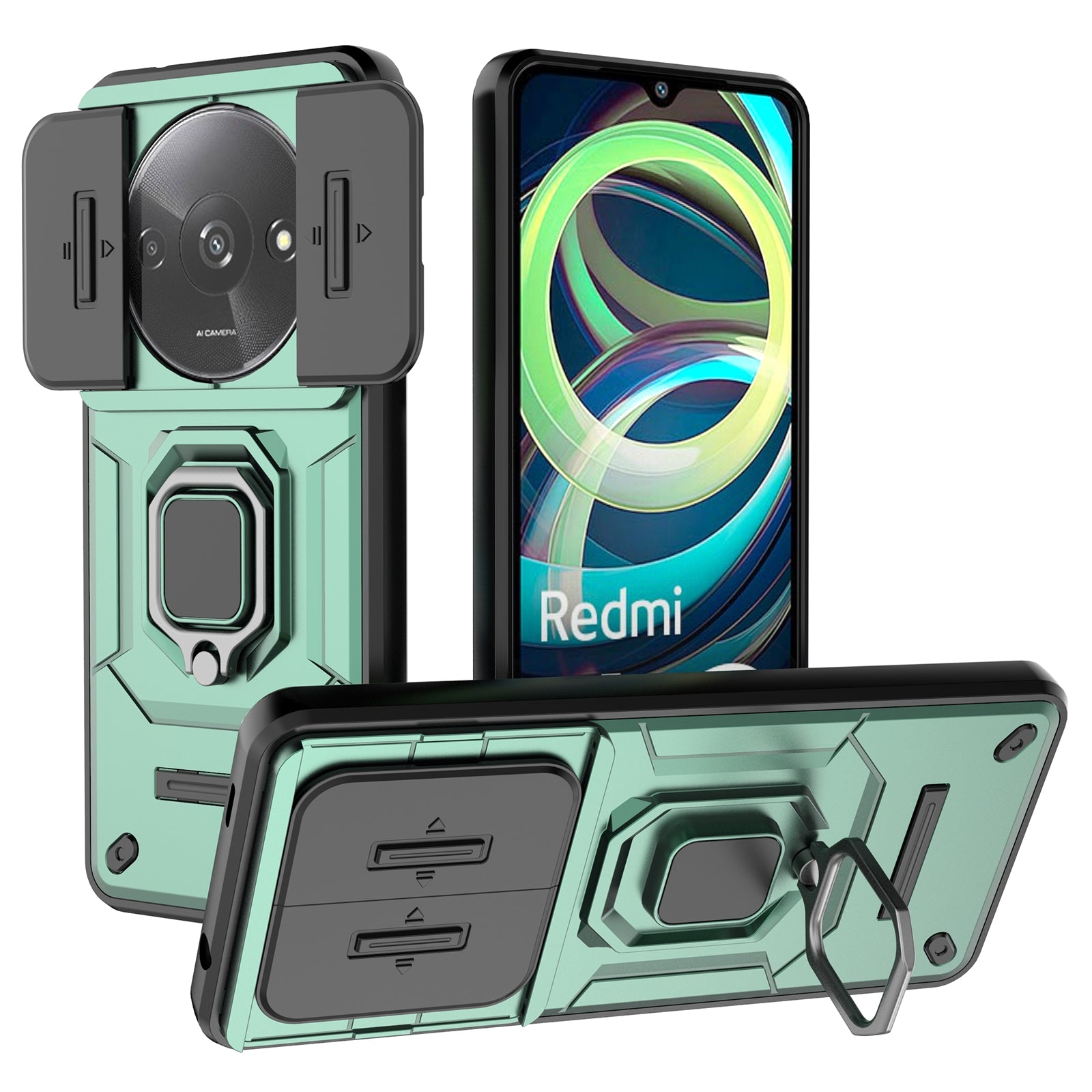 For Xiaomi Redmi A3 / Poco C61 4G Case with Slide Camera Cover Ring Kickstand PC+TPU Phone Shell Protector