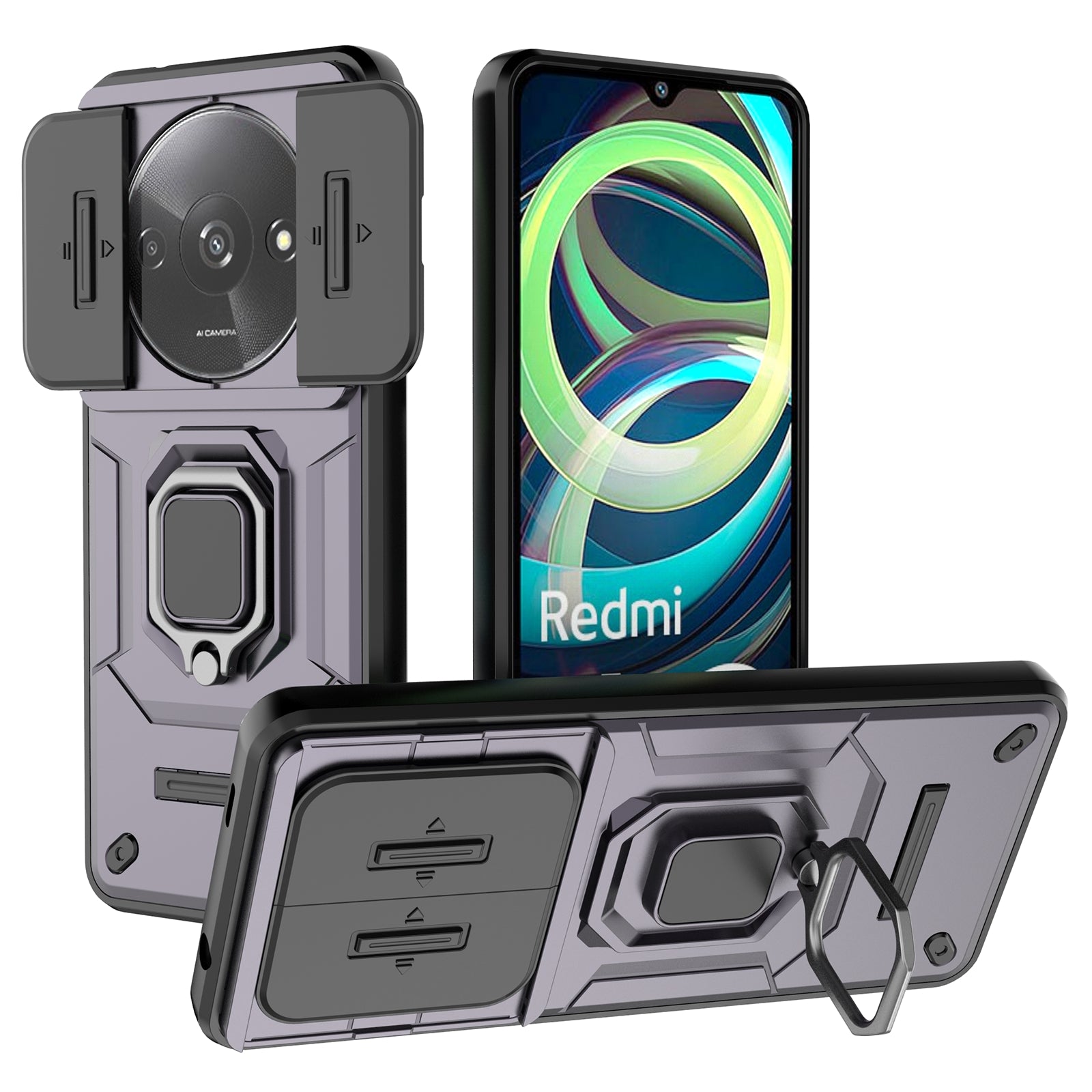 For Xiaomi Redmi A3 / Poco C61 4G Case with Slide Camera Cover Ring Kickstand PC+TPU Phone Shell Protector