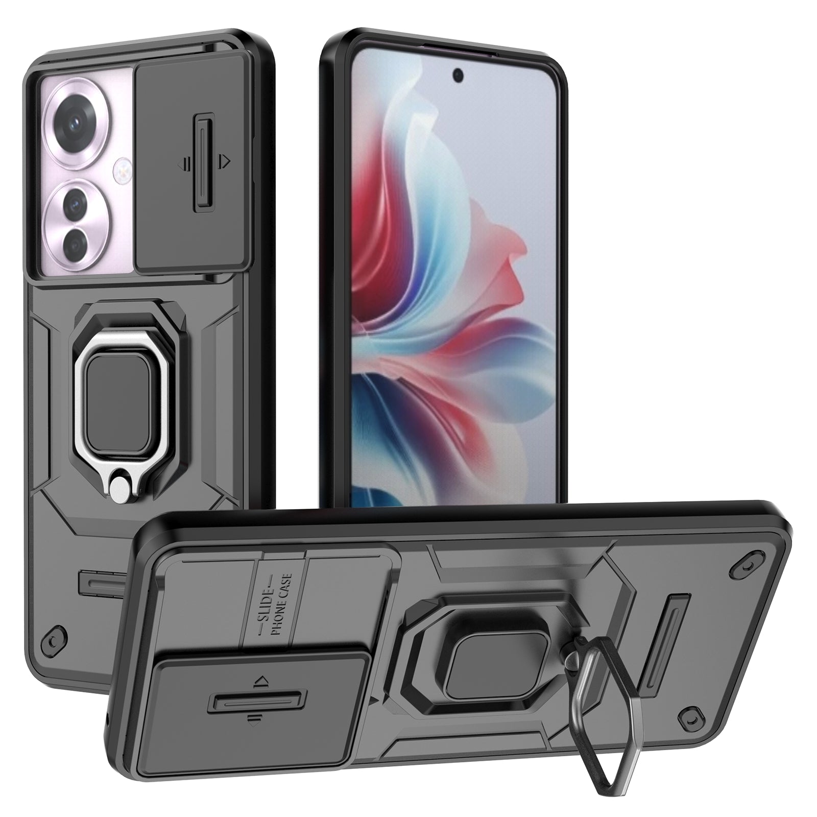 For Oppo Reno11 F 5G Case Ring Kickstand PC+TPU Back Shell with Slide Camera Cover