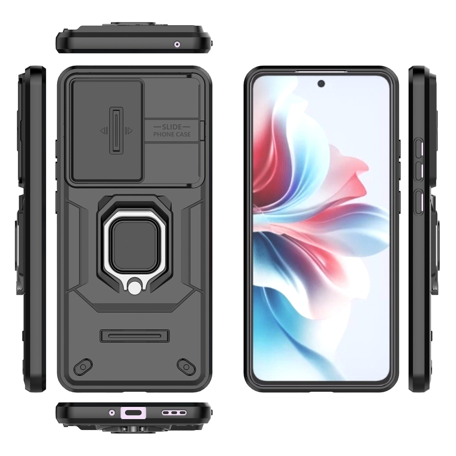 For Oppo Reno11 F 5G Case Ring Kickstand PC+TPU Back Shell with Slide Camera Cover