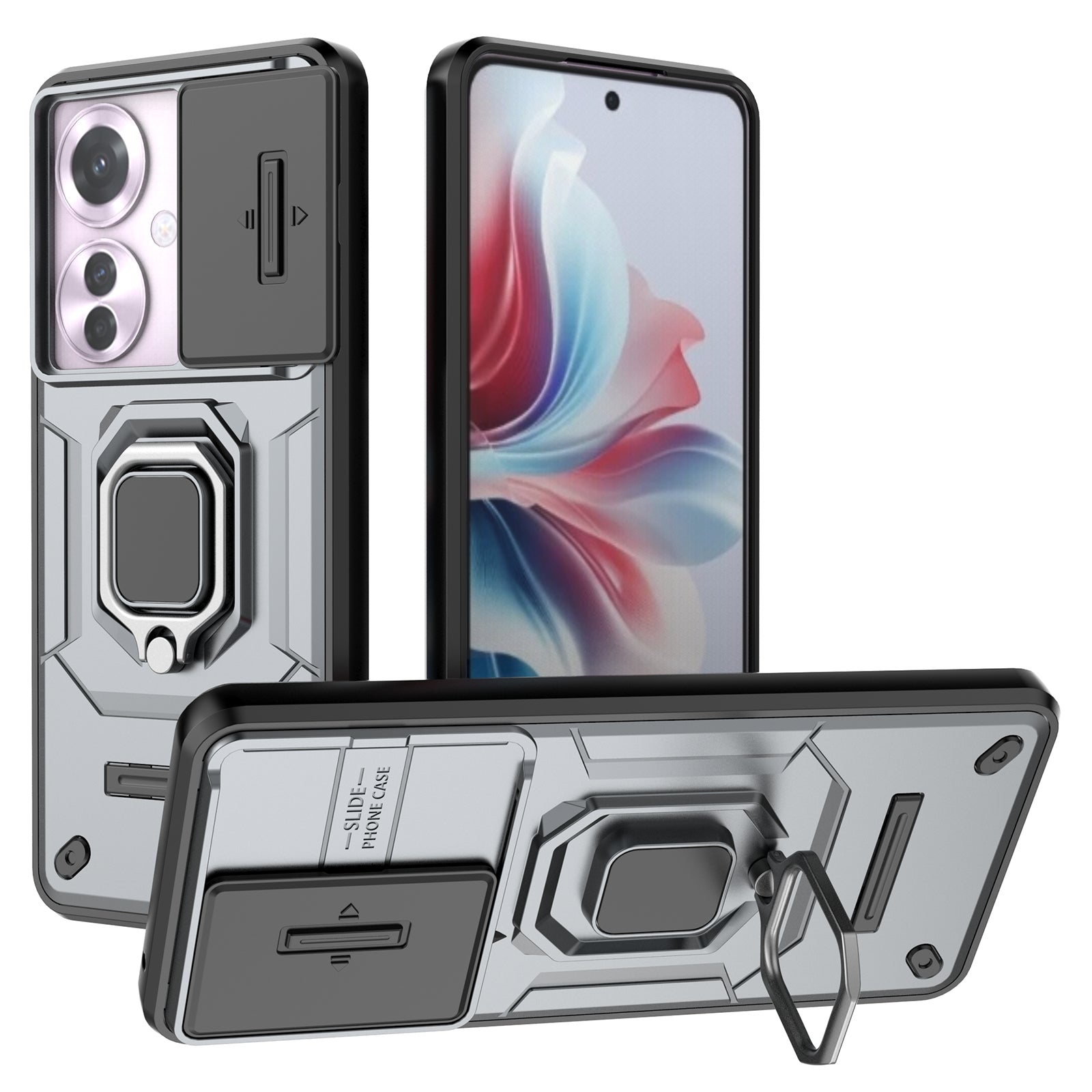 For Oppo Reno11 F 5G Case Ring Kickstand PC+TPU Back Shell with Slide Camera Cover