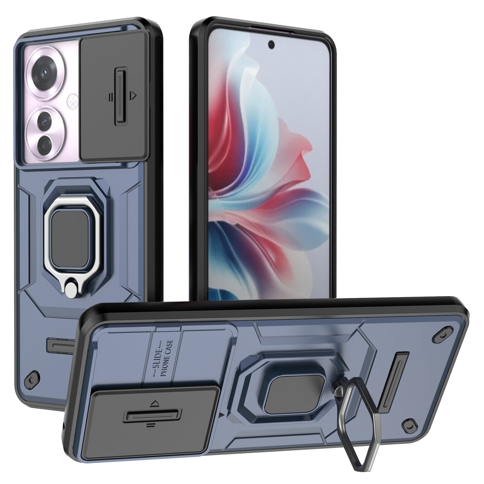 For Oppo Reno11 F 5G Case Ring Kickstand PC+TPU Back Shell with Slide Camera Cover