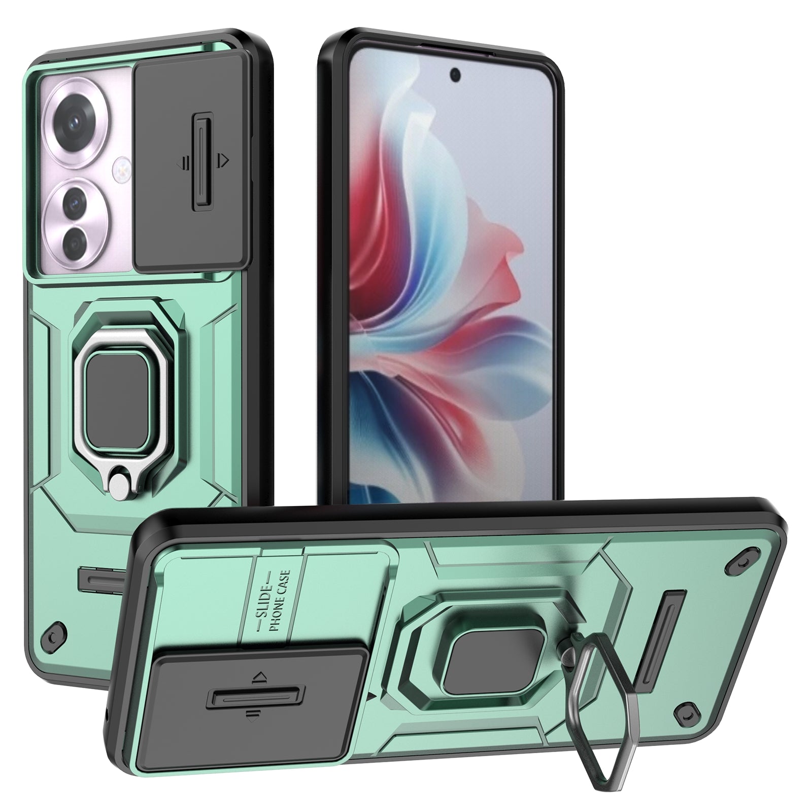 For Oppo Reno11 F 5G Case Ring Kickstand PC+TPU Back Shell with Slide Camera Cover