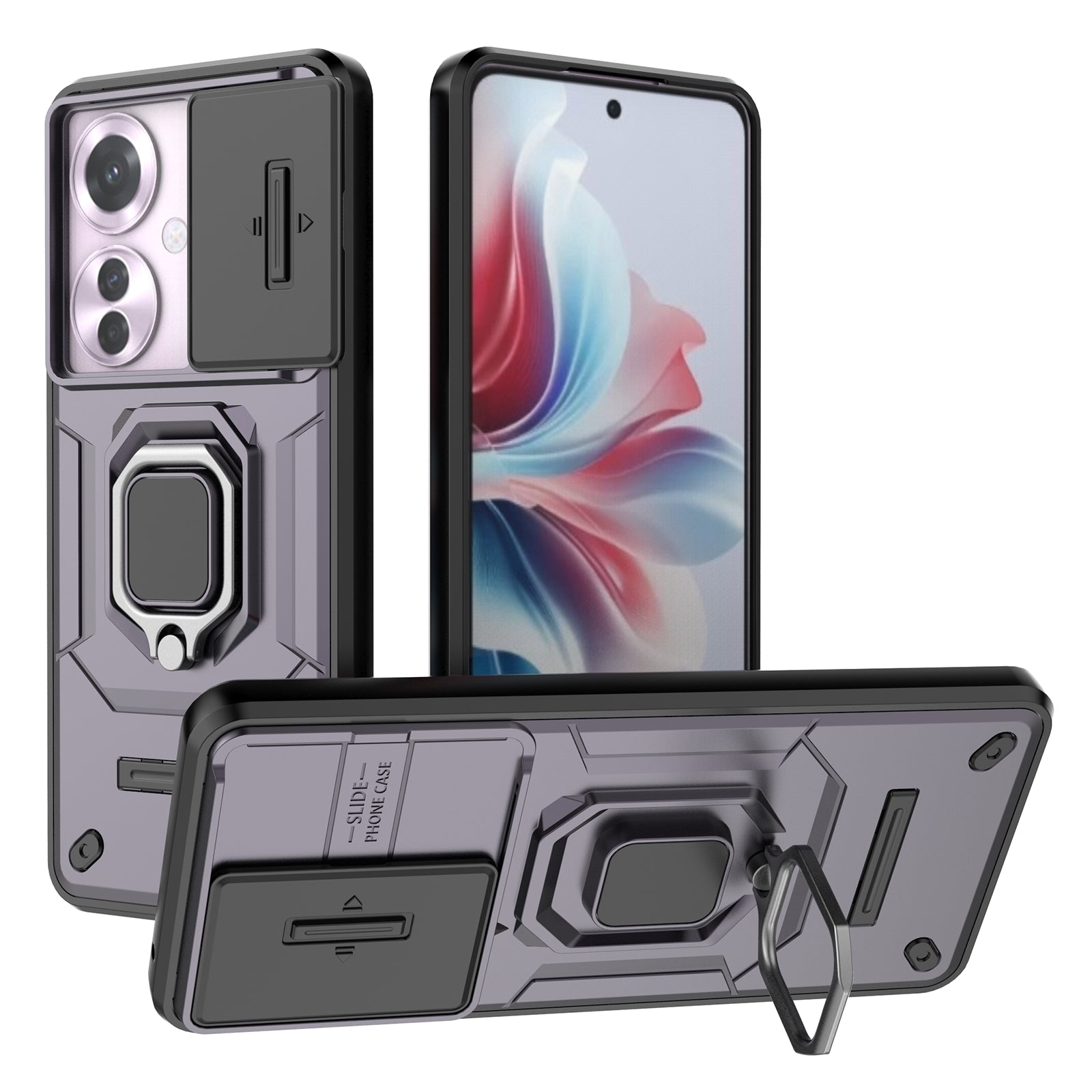 For Oppo Reno11 F 5G Case Ring Kickstand PC+TPU Back Shell with Slide Camera Cover