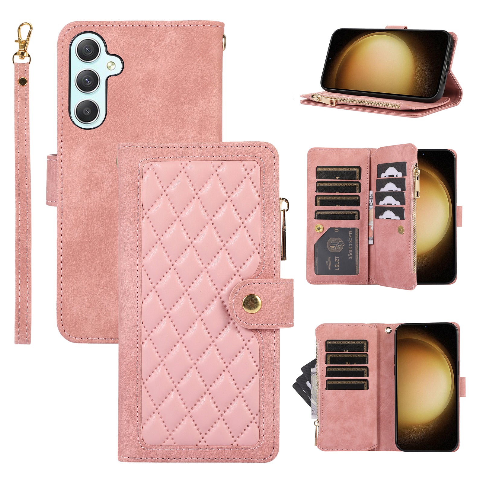 For Samsung Galaxy A35 5G Case Zipper PU Leather Phone Cover with Hand Strap