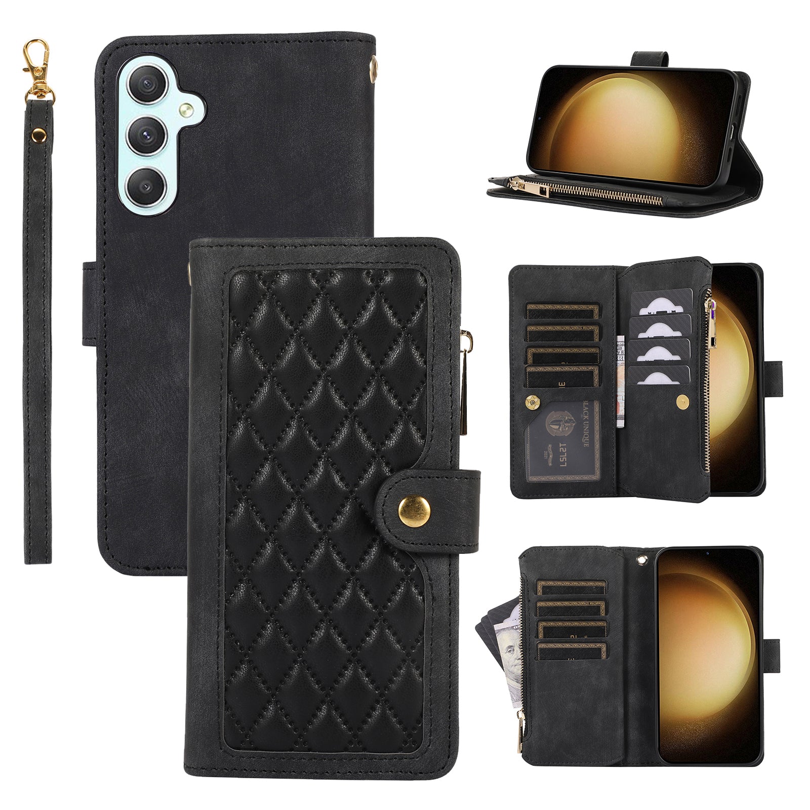 For Samsung Galaxy A35 5G Case Zipper PU Leather Phone Cover with Hand Strap