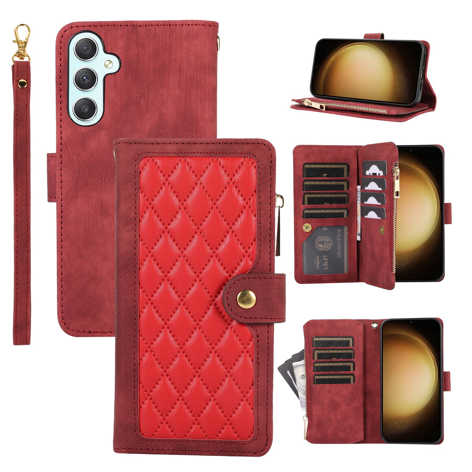 For Samsung Galaxy A35 5G Case Zipper PU Leather Phone Cover with Hand Strap