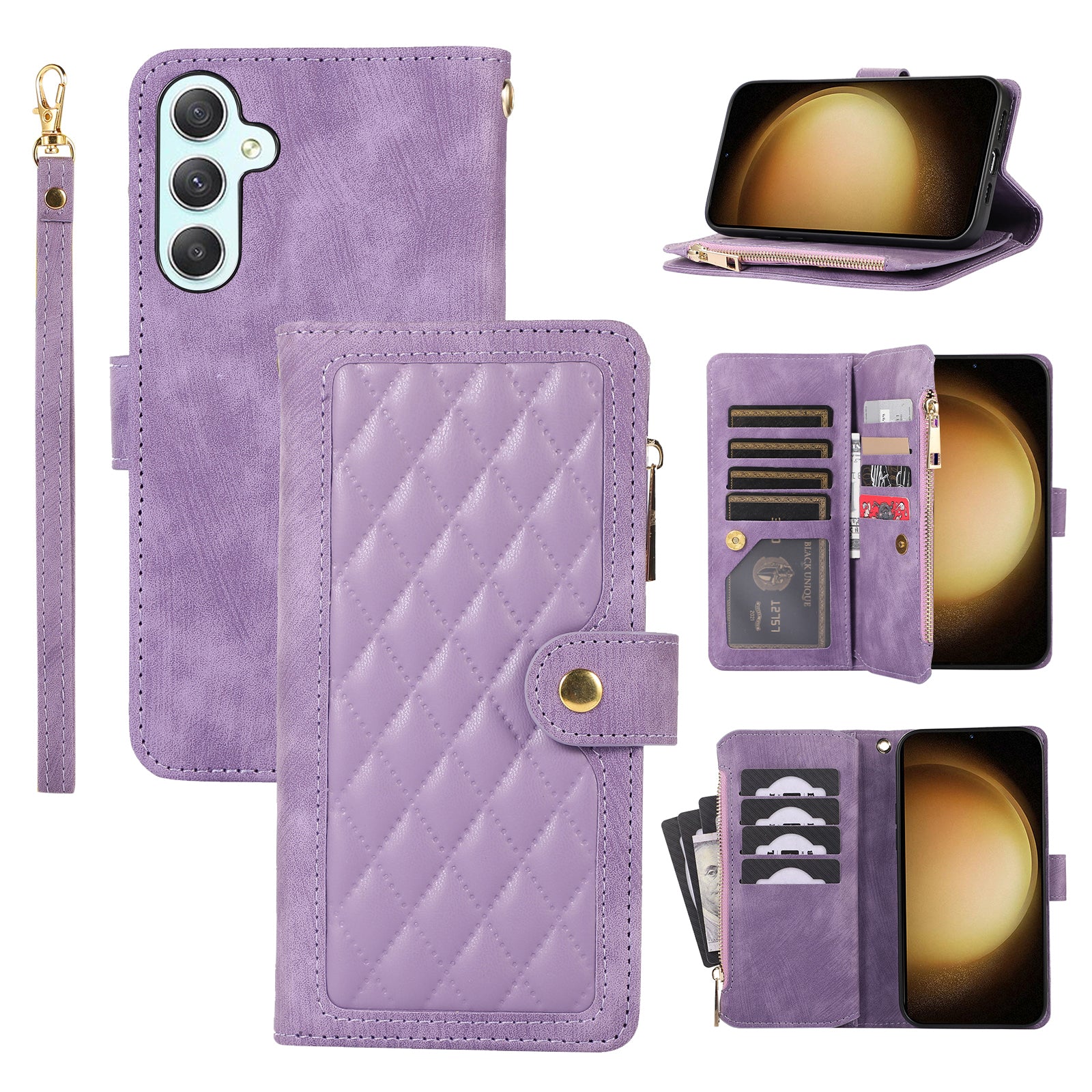 For Samsung Galaxy A35 5G Case Zipper PU Leather Phone Cover with Hand Strap