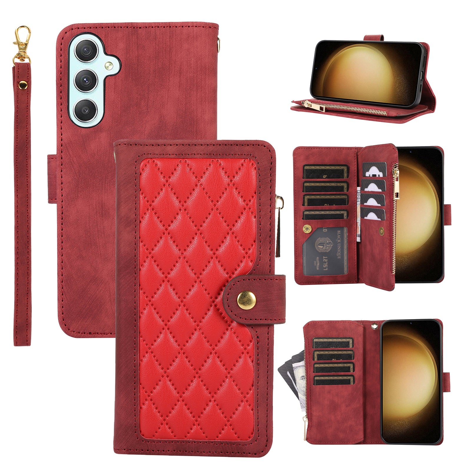 For Samsung Galaxy A55 5G Case Zipper Pocket Flip Leather Phone Cover Handbag