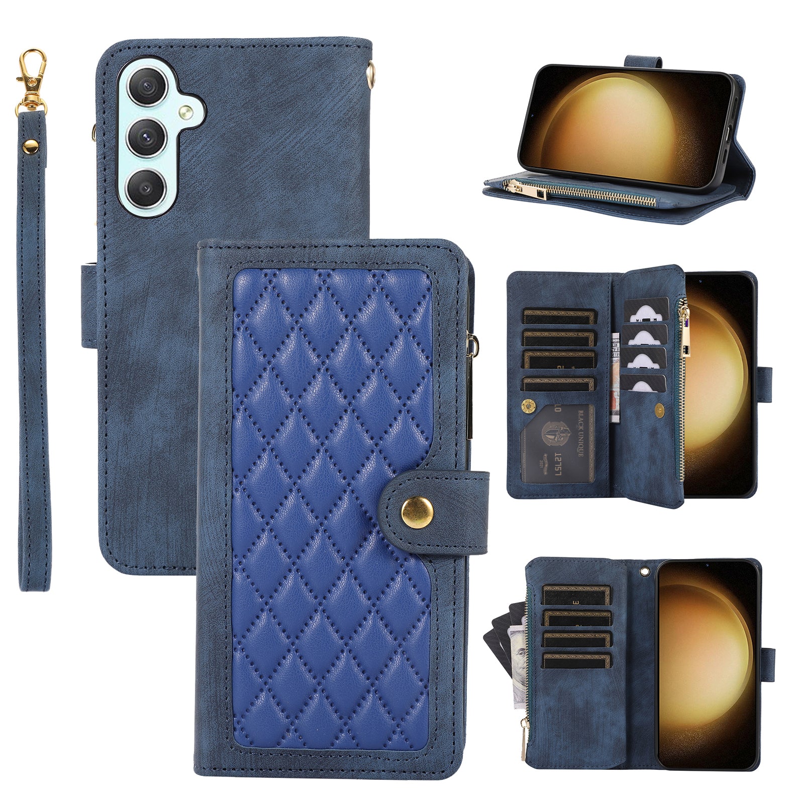 For Samsung Galaxy A55 5G Case Zipper Pocket Flip Leather Phone Cover Handbag