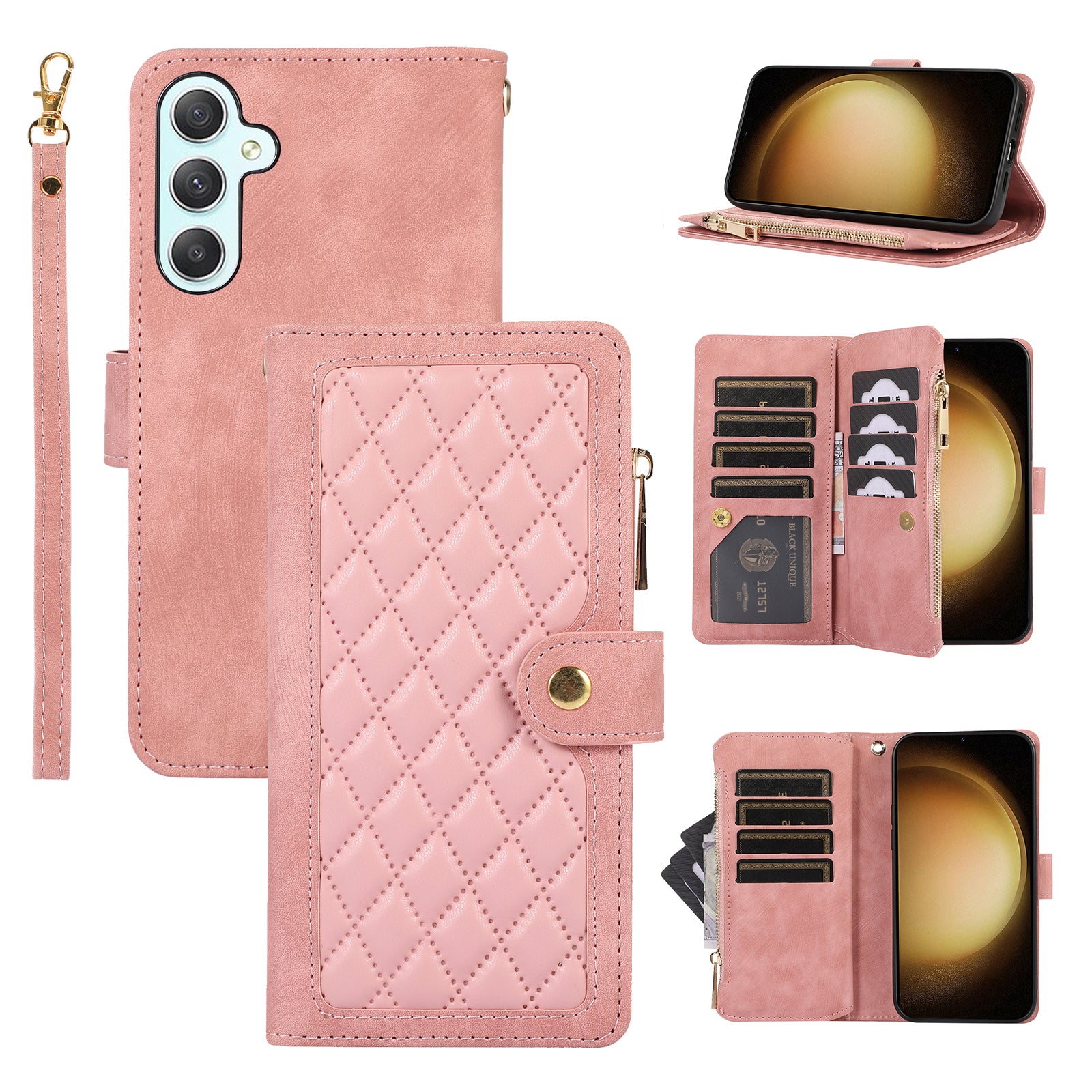 For Samsung Galaxy A15 4G / 5G Case Leather Zipper Pocket Wallet Phone Cover with Wrist Strap