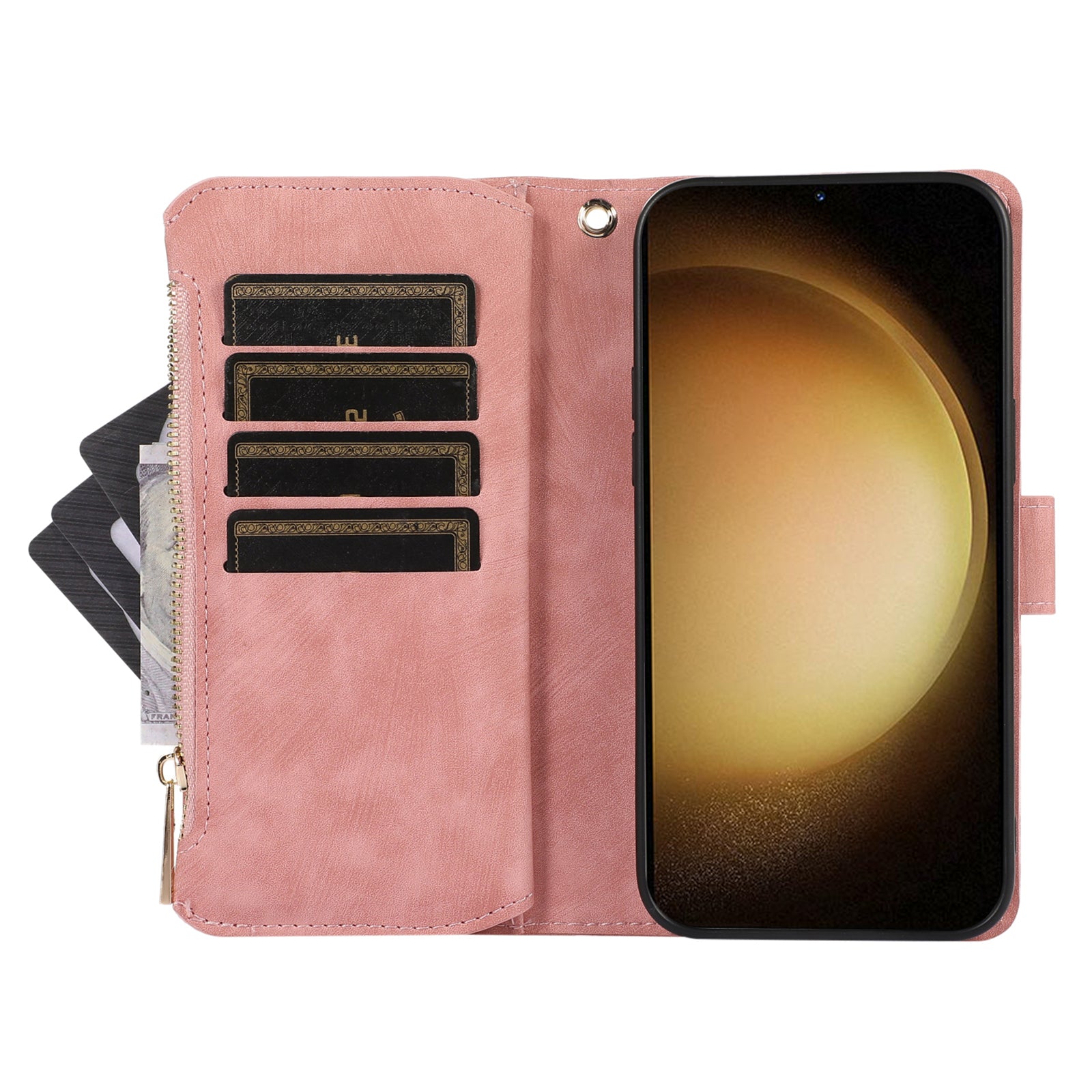 For Samsung Galaxy A15 4G / 5G Case Leather Zipper Pocket Wallet Phone Cover with Wrist Strap