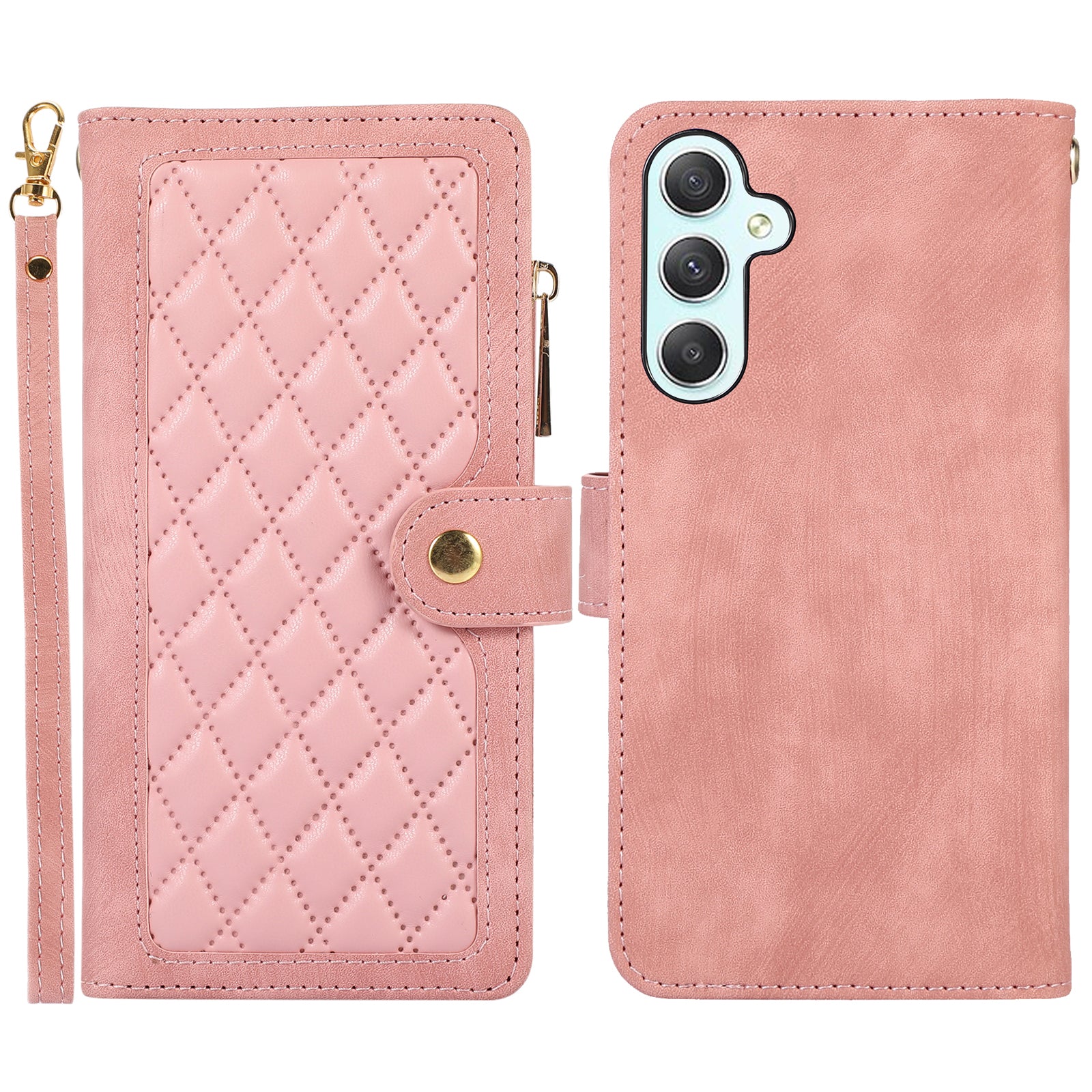 For Samsung Galaxy A15 4G / 5G Case Leather Zipper Pocket Wallet Phone Cover with Wrist Strap