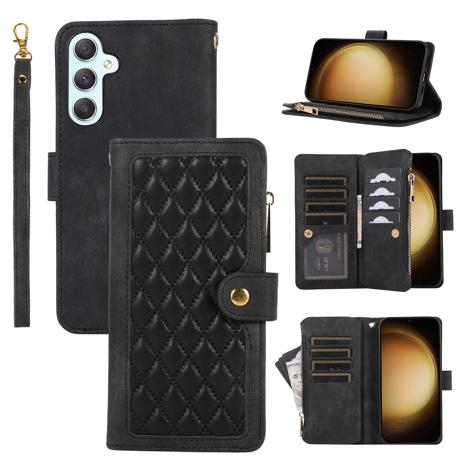 For Samsung Galaxy A15 4G / 5G Case Leather Zipper Pocket Wallet Phone Cover with Wrist Strap