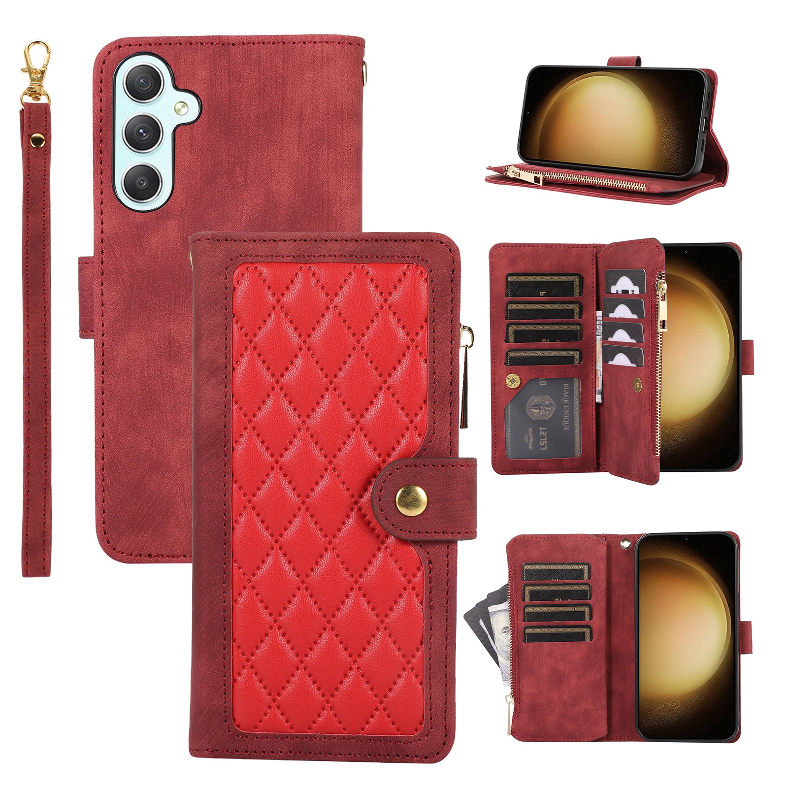 For Samsung Galaxy A15 4G / 5G Case Leather Zipper Pocket Wallet Phone Cover with Wrist Strap