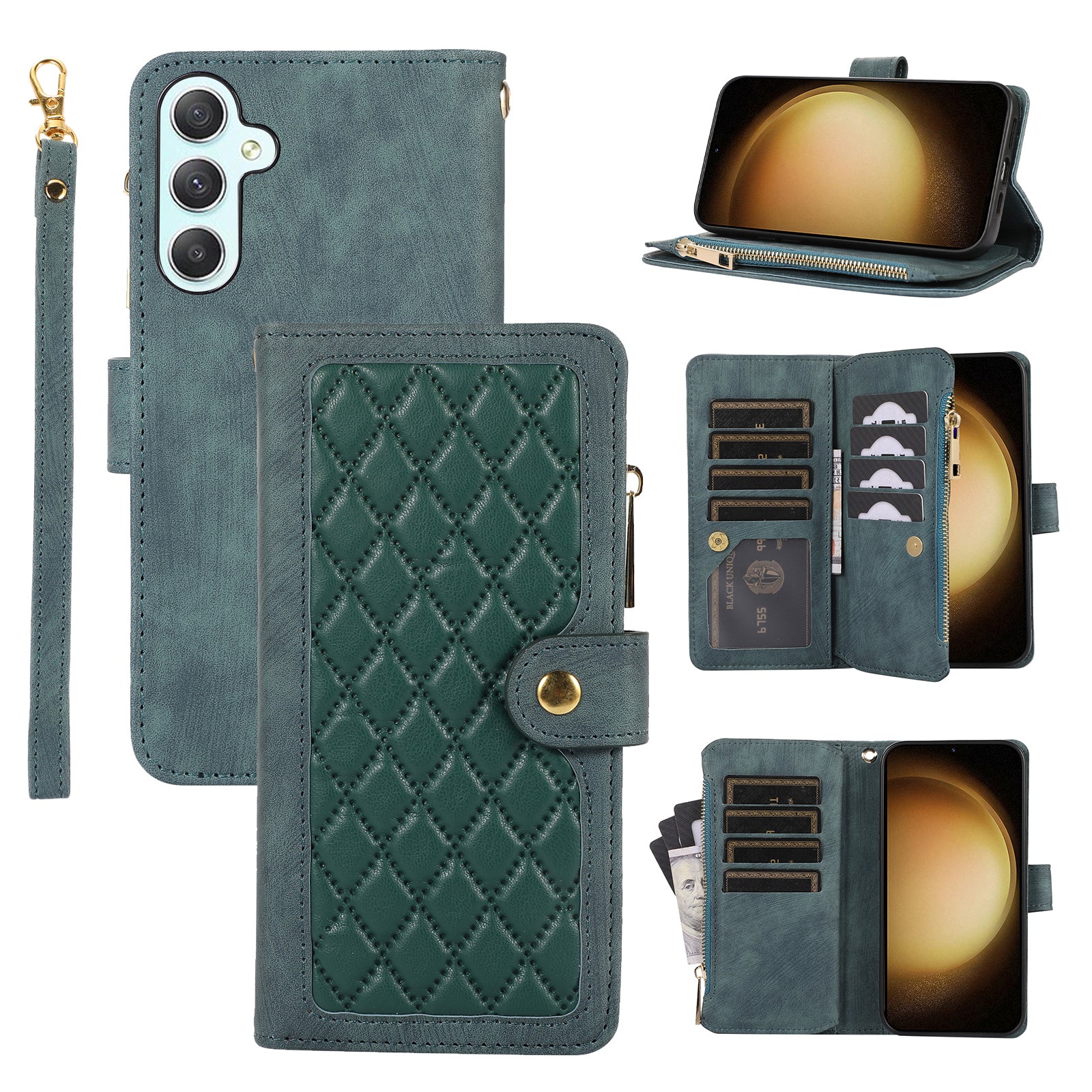 For Samsung Galaxy A15 4G / 5G Case Leather Zipper Pocket Wallet Phone Cover with Wrist Strap