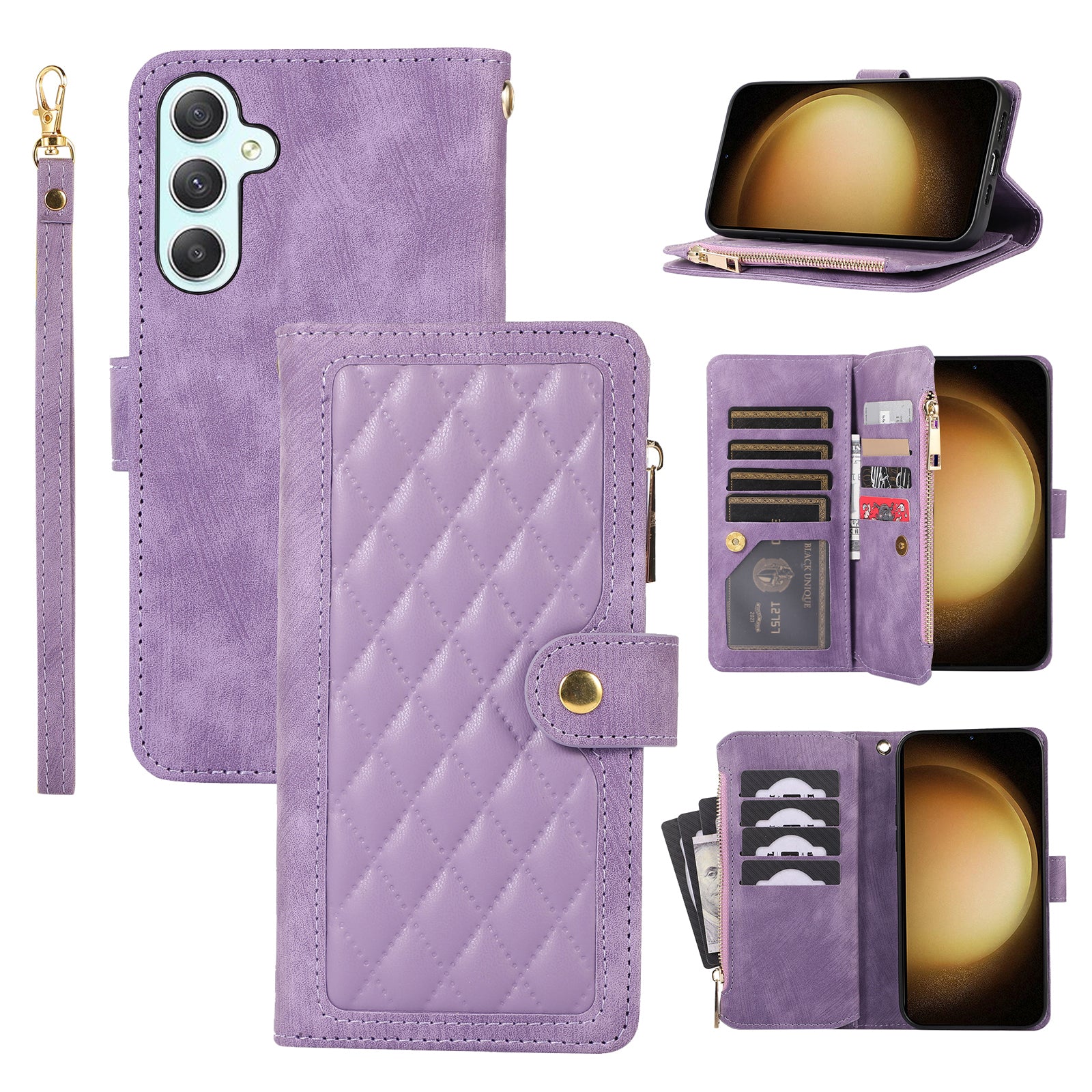 For Samsung Galaxy A15 4G / 5G Case Leather Zipper Pocket Wallet Phone Cover with Wrist Strap