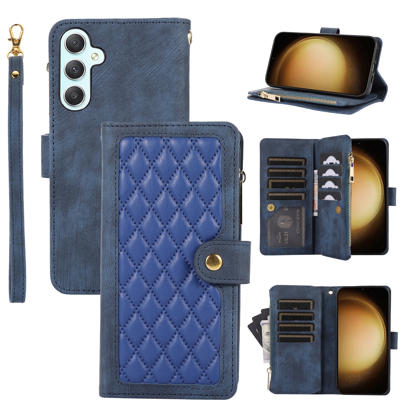 For Samsung Galaxy A15 4G / 5G Case Leather Zipper Pocket Wallet Phone Cover with Wrist Strap