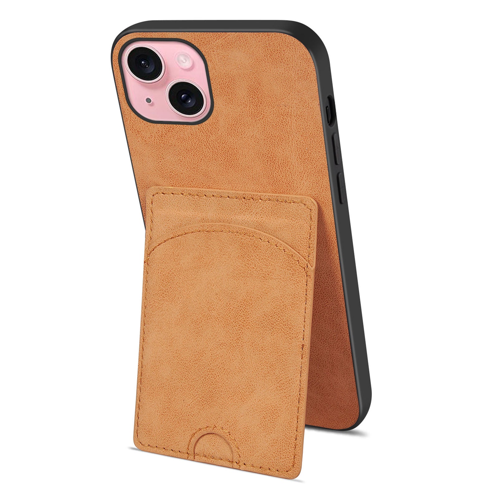 For iPhone 15 Kickstand Case Card Holder PU Leather Coated TPU Back Cover