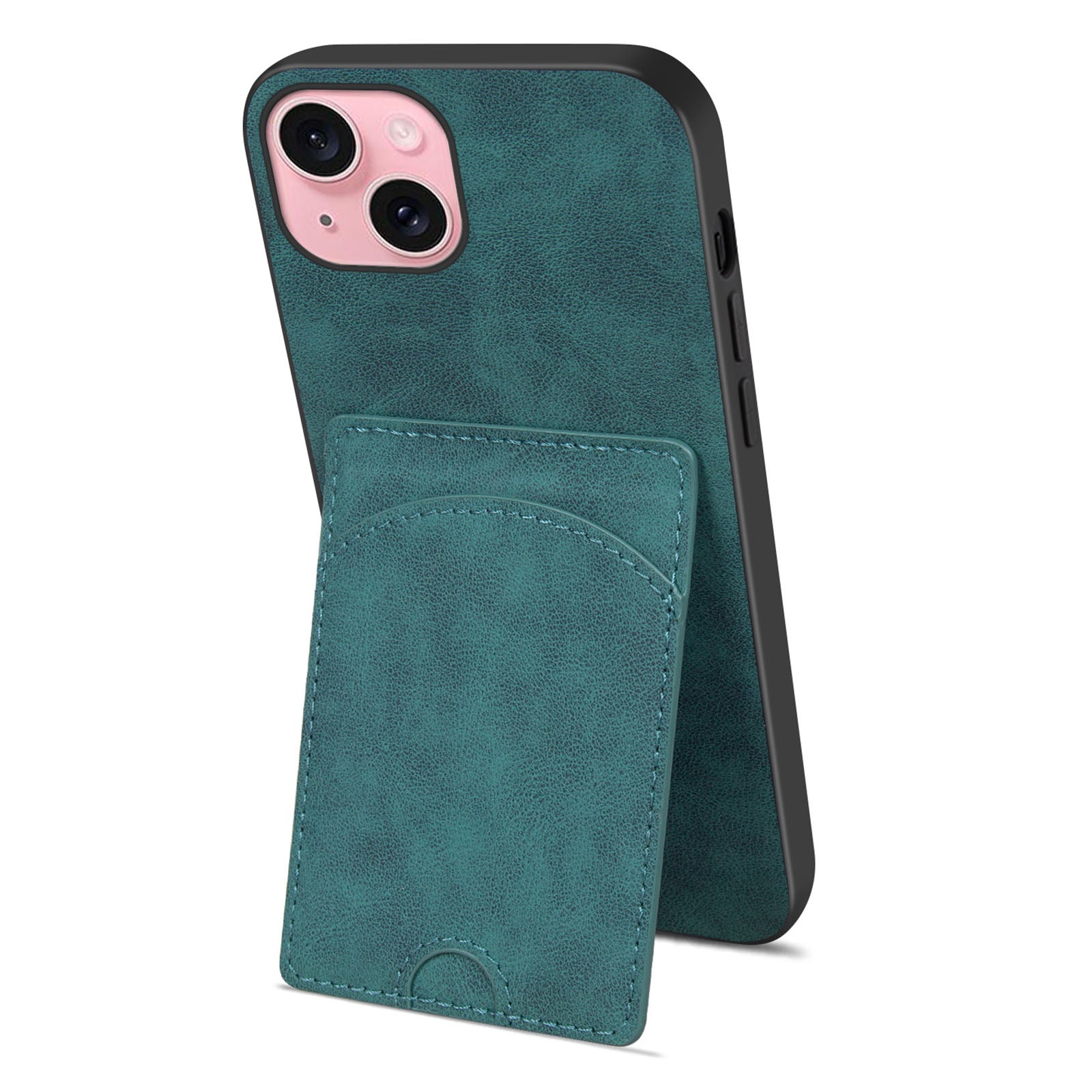 For iPhone 15 Kickstand Case Card Holder PU Leather Coated TPU Back Cover