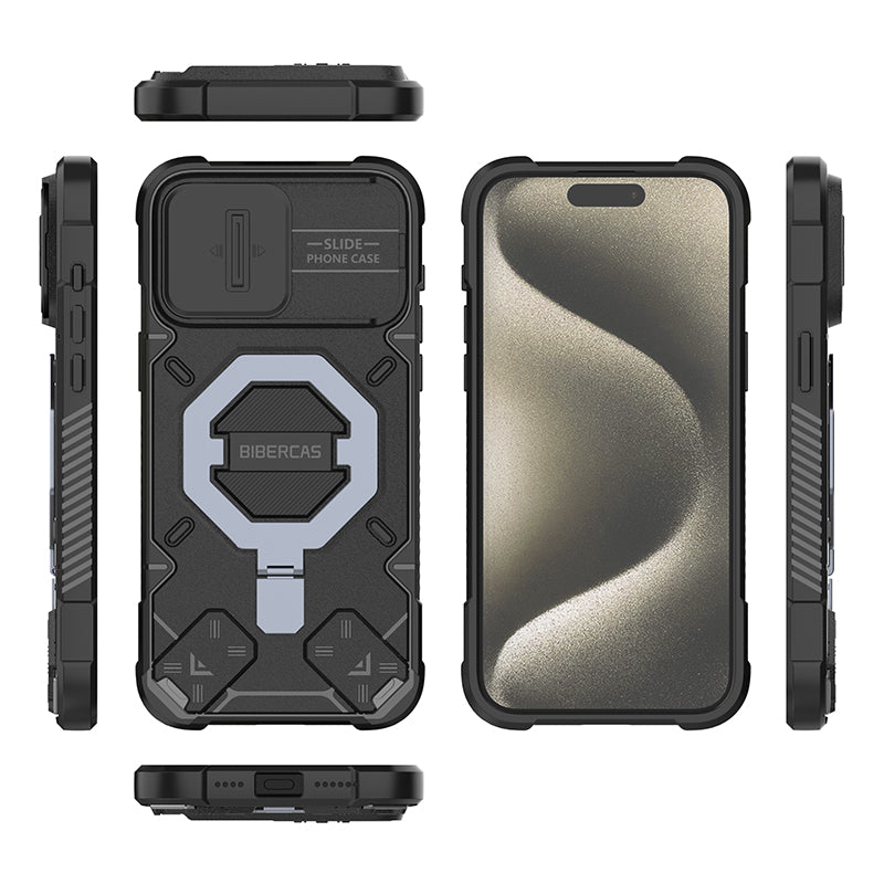 For iPhone 15 Pro Max Compatible with MagSafe Cover Metal Kickstand PC+TPU Phone Case