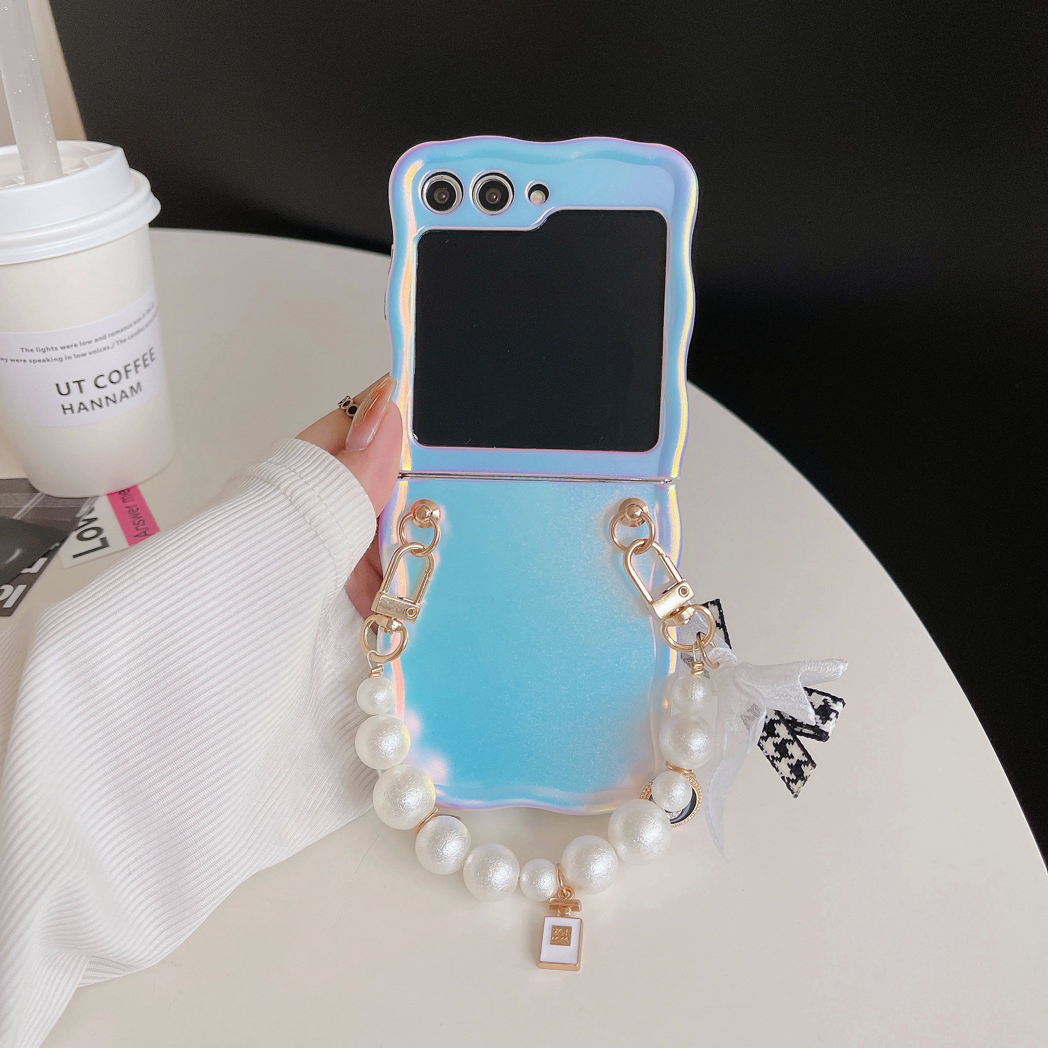 For Samsung Galaxy Z Flip5 5G Case Laser Effect TPU Phone Cover with Pearls Hand Strap