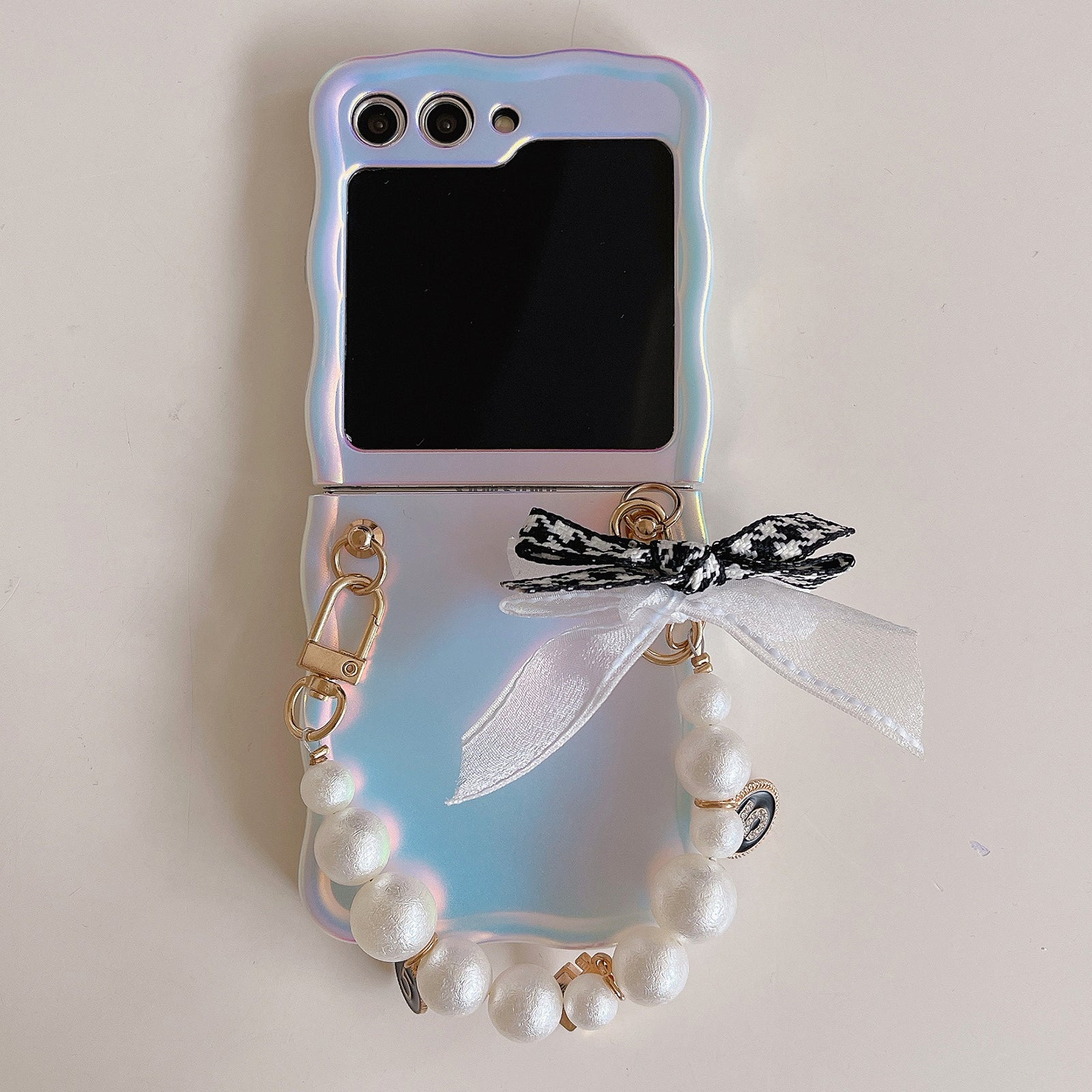 For Samsung Galaxy Z Flip5 5G Case Laser Effect TPU Phone Cover with Pearls Hand Strap