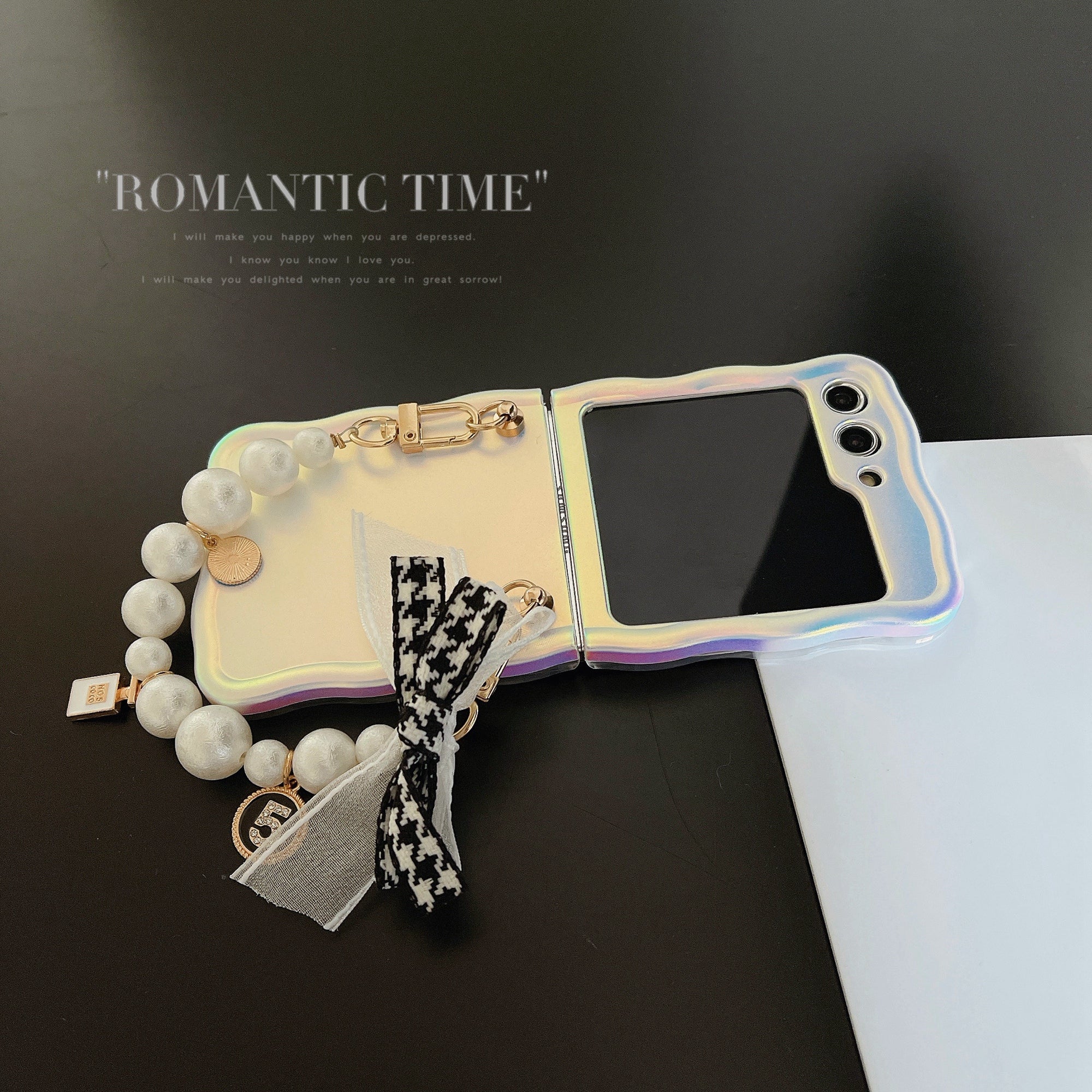 For Samsung Galaxy Z Flip5 5G Case Laser Effect TPU Phone Cover with Pearls Hand Strap