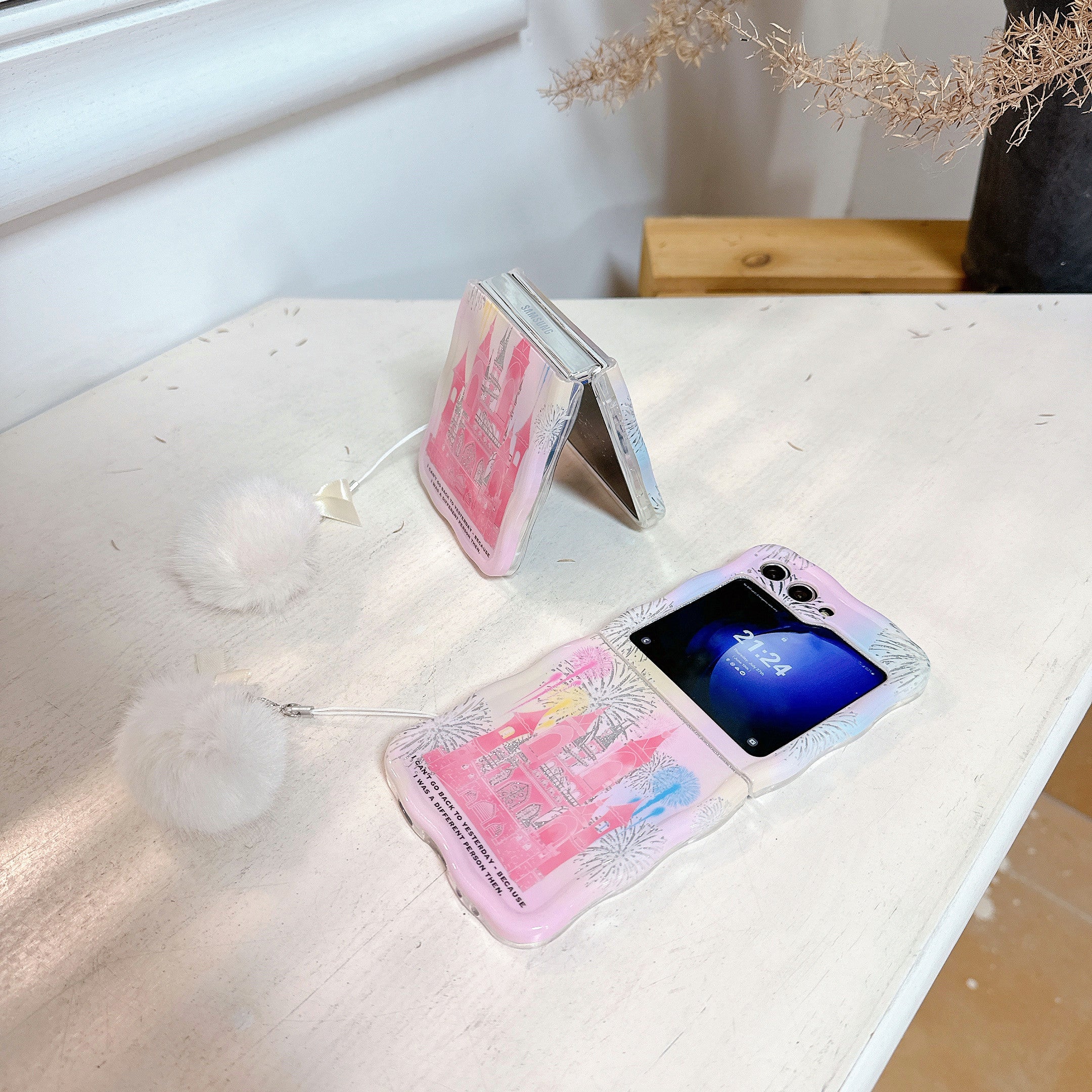 For Samsung Galaxy Z Flip5 5G Case Castle Fireworks TPU+PC Phone Cover with Pompom Pendant