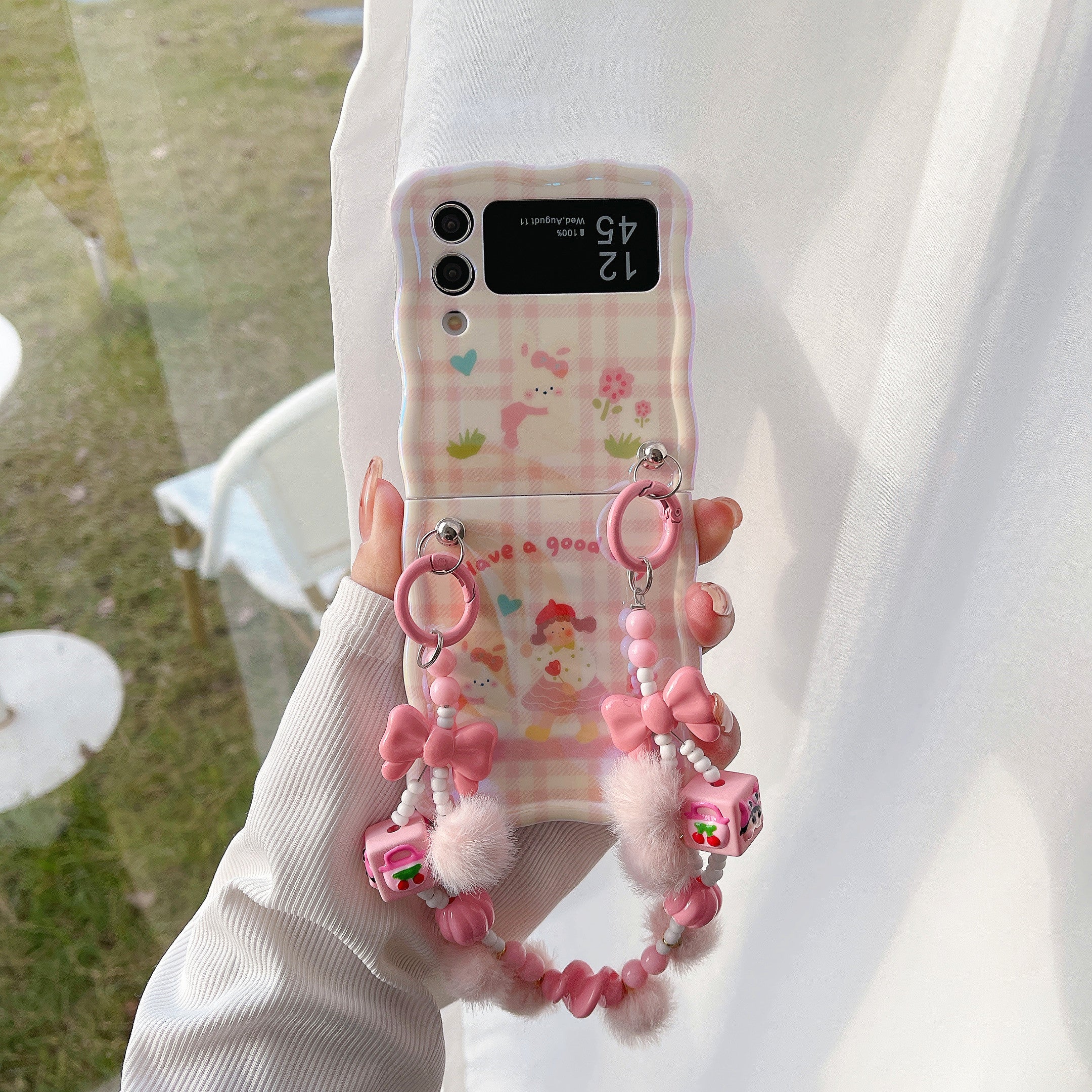 For Samsung Galaxy Z Flip4 5G Case IMD Girl Flower Pattern TPU Phone Cover with Beads Hand Strap