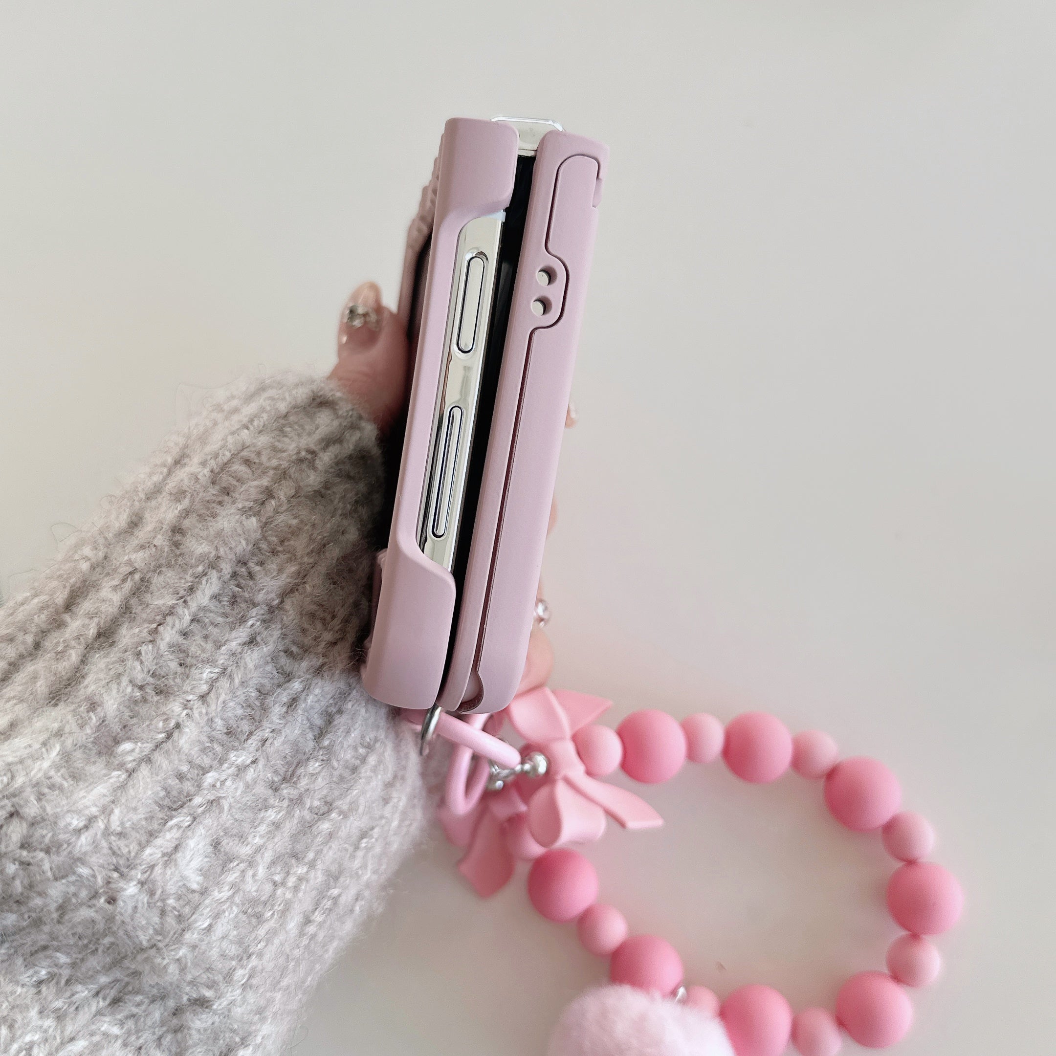 For Samsung Galaxy Z Flip4 5G Case Ripple Texture Kickstand PC Phone Cover with Beads Hand Strap