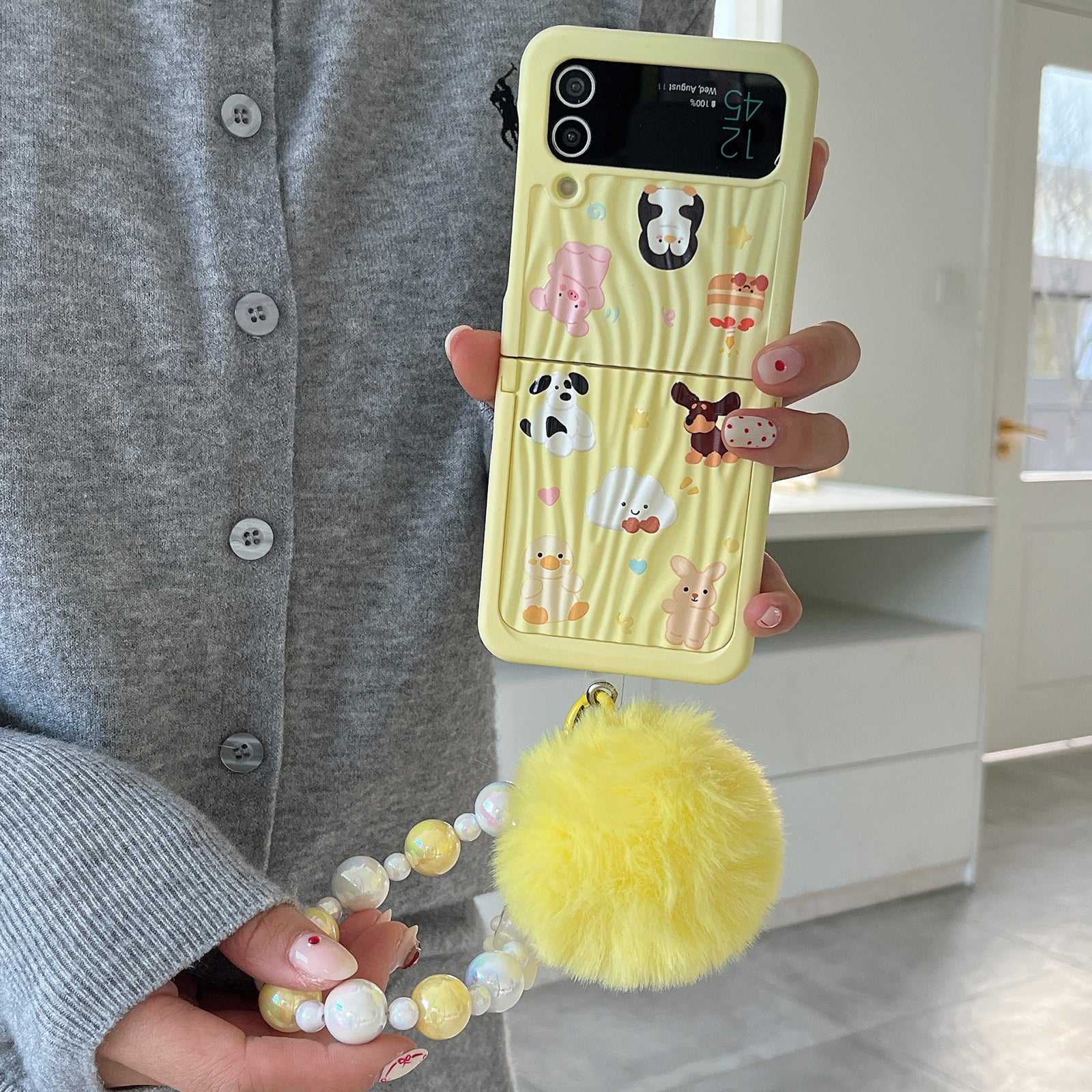 For Samsung Galaxy Z Flip4 5G Case Ripple Texture Pattern Print PC Phone Cover with Beads Hand Strap