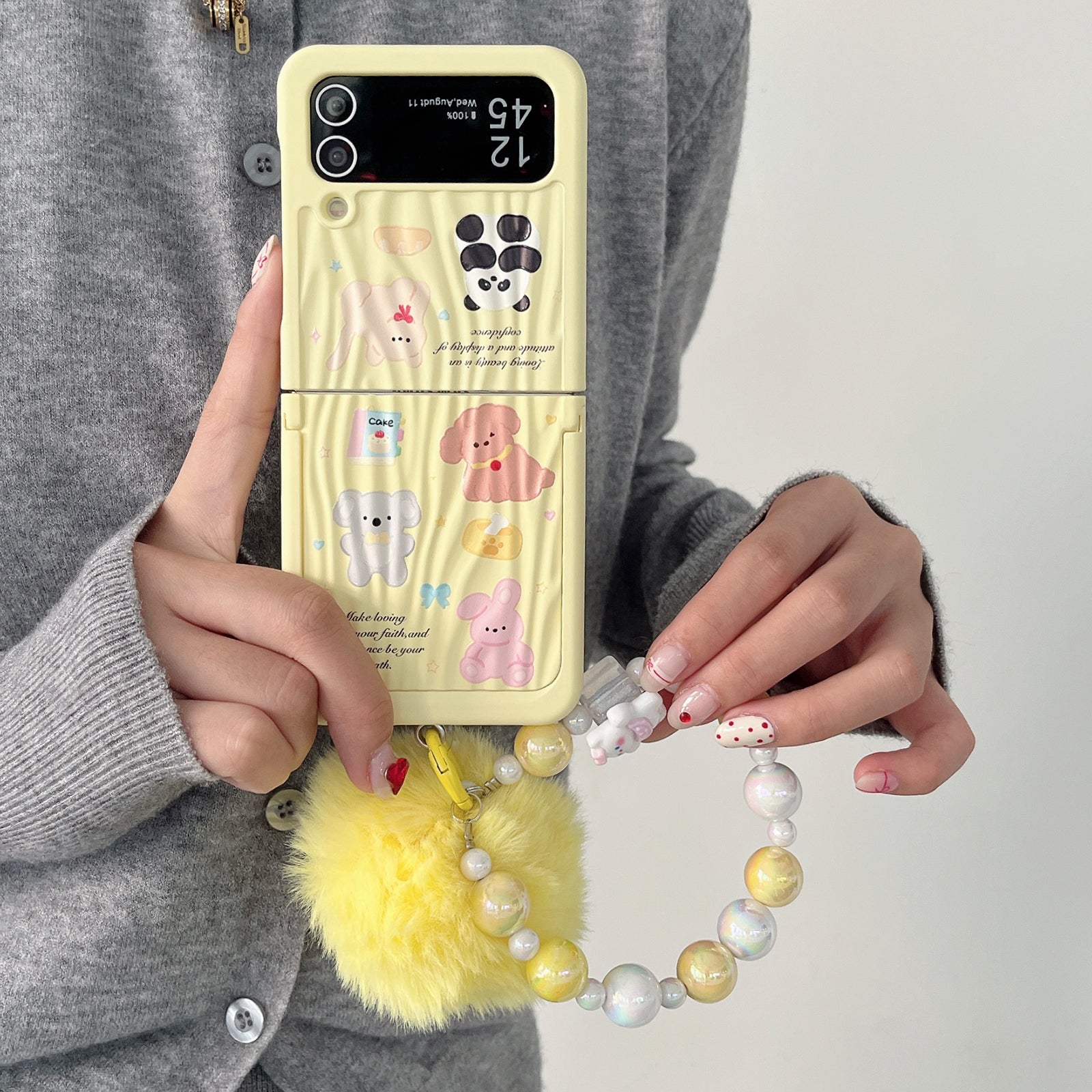 For Samsung Galaxy Z Flip4 5G Case Ripple Texture Pattern Print PC Phone Cover with Beads Hand Strap