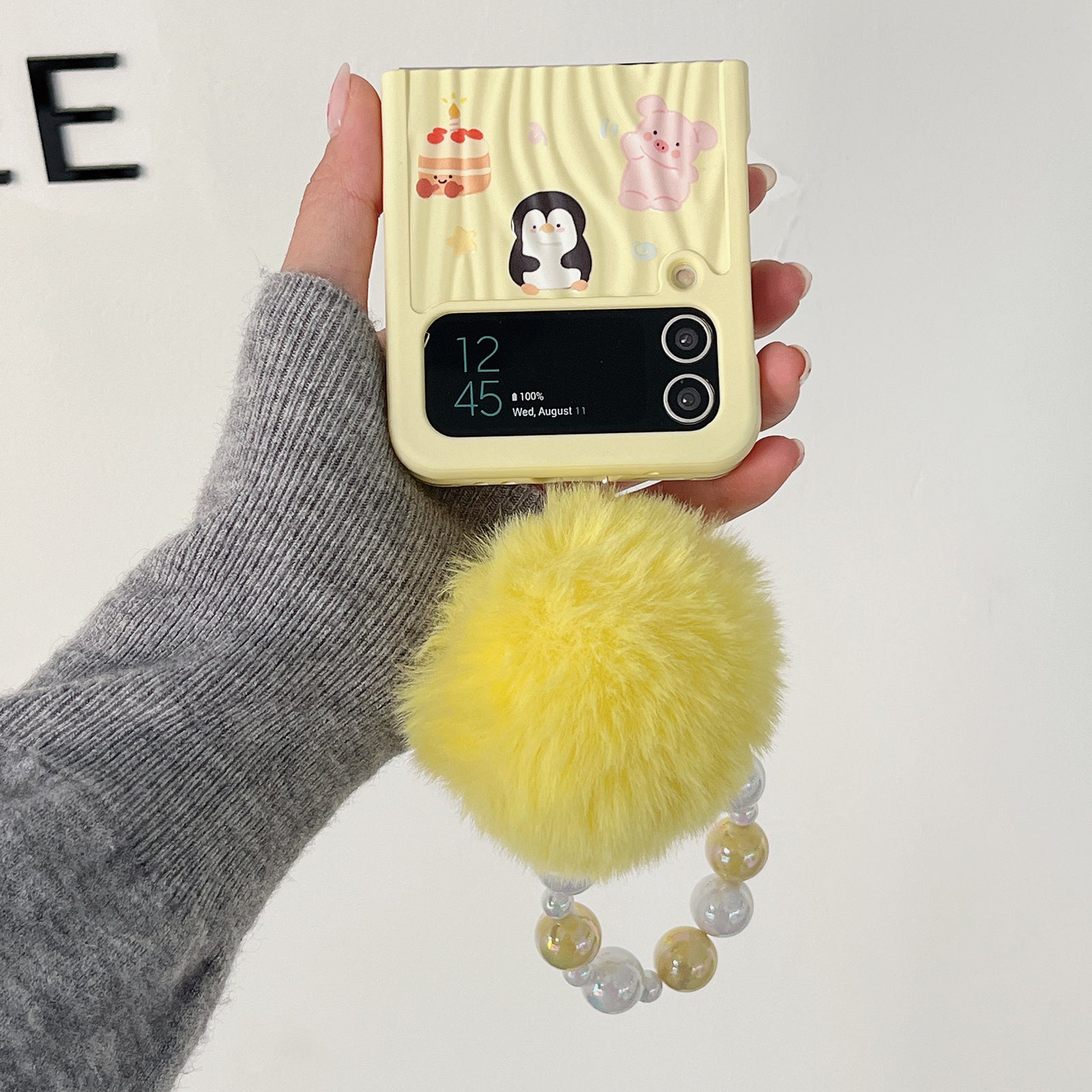 For Samsung Galaxy Z Flip4 5G Case Ripple Texture Pattern Print PC Phone Cover with Beads Hand Strap