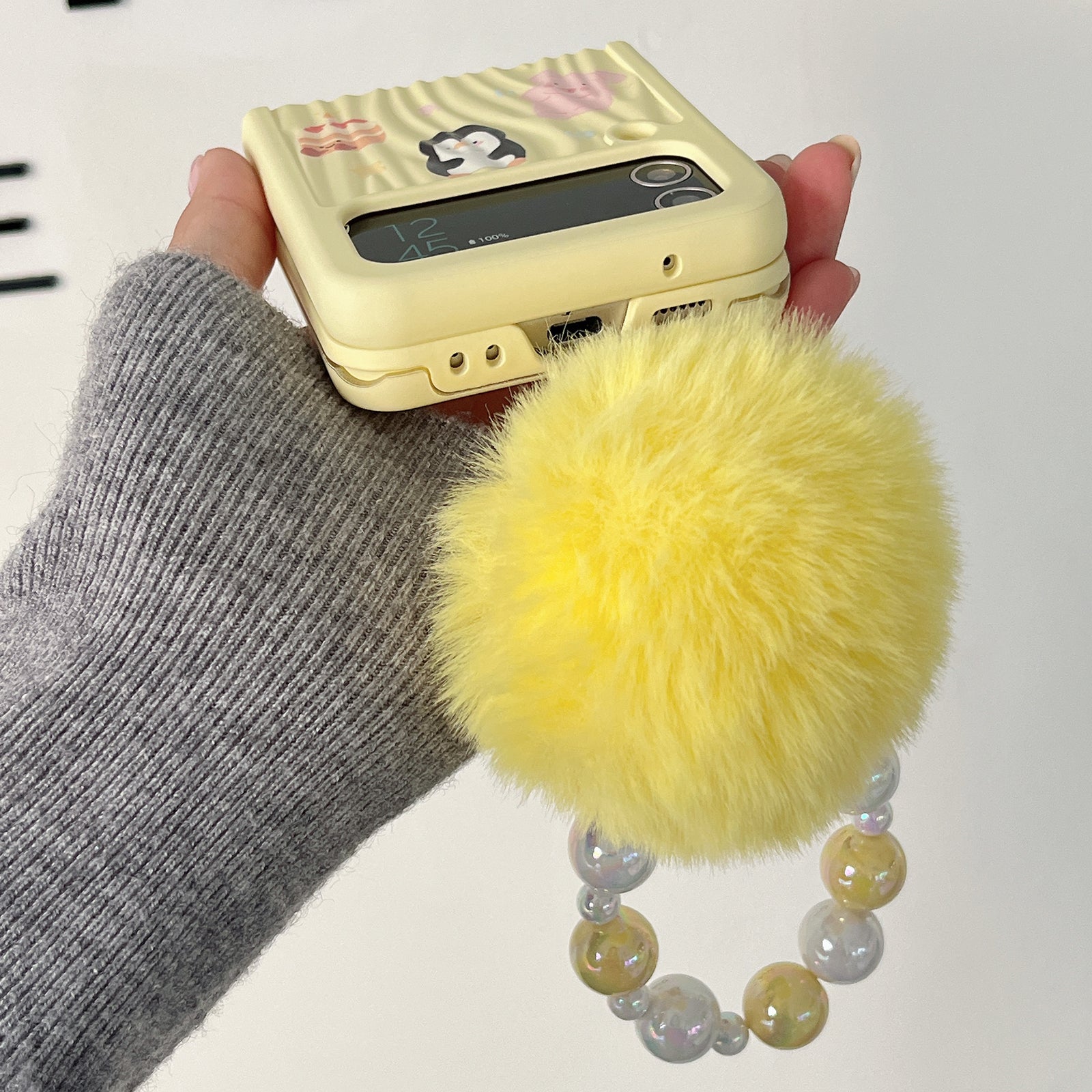 For Samsung Galaxy Z Flip4 5G Case Ripple Texture Pattern Print PC Phone Cover with Beads Hand Strap