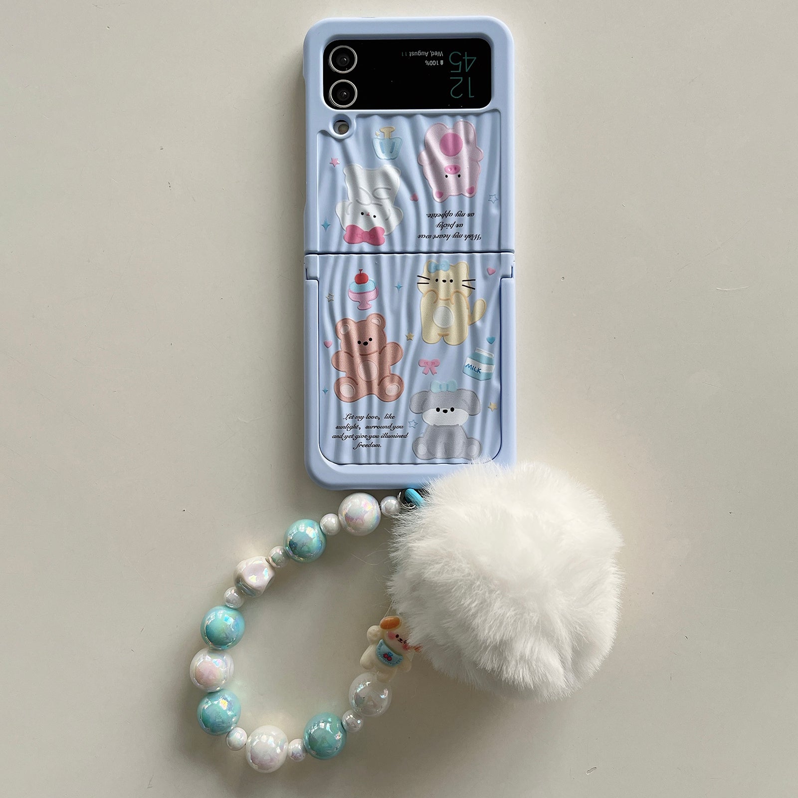 For Samsung Galaxy Z Flip4 5G Case Ripple Texture Pattern Print PC Phone Cover with Beads Hand Strap