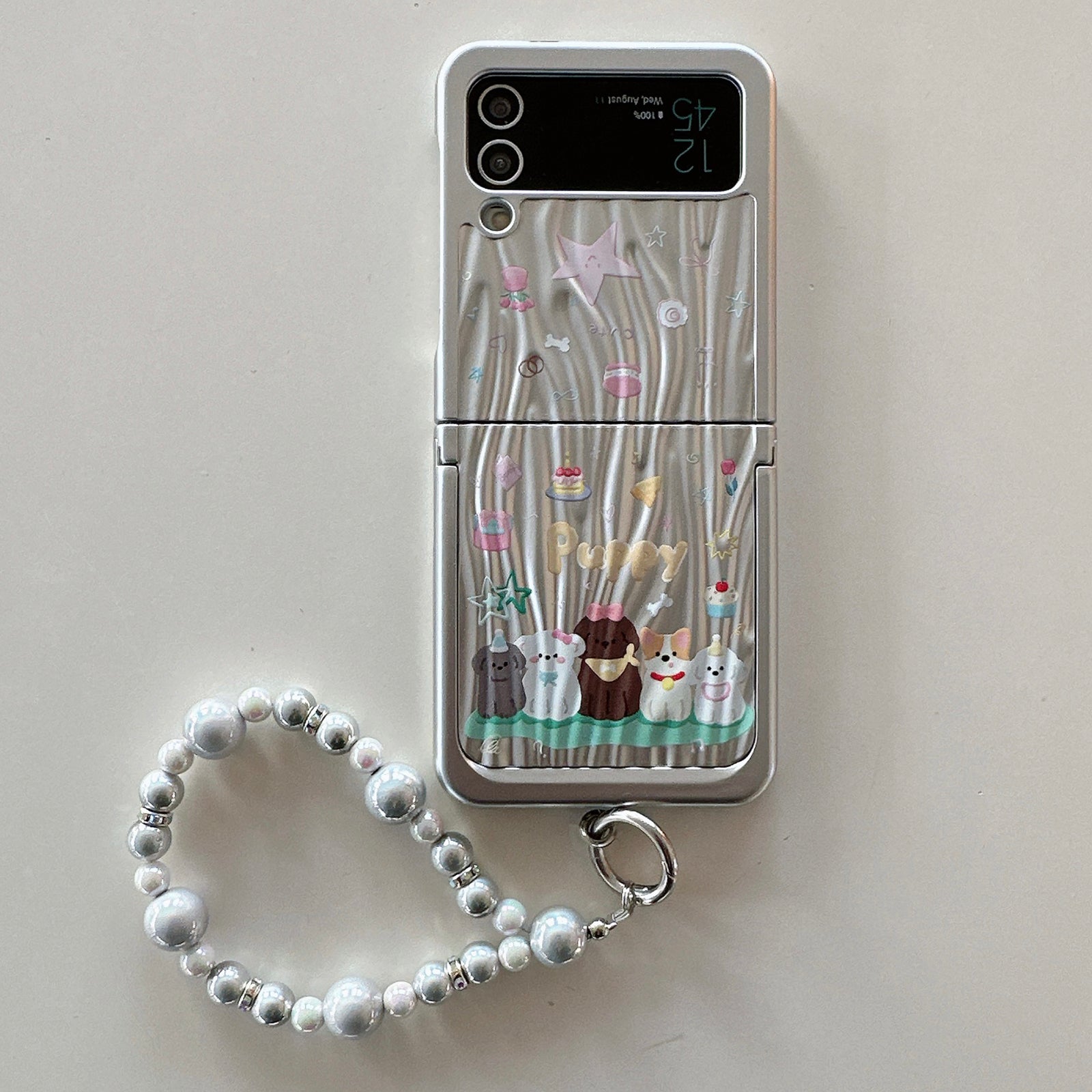 For Samsung Galaxy Z Flip4 5G Case Ripple Texture Pattern Print PC Phone Cover with Beads Hand Strap